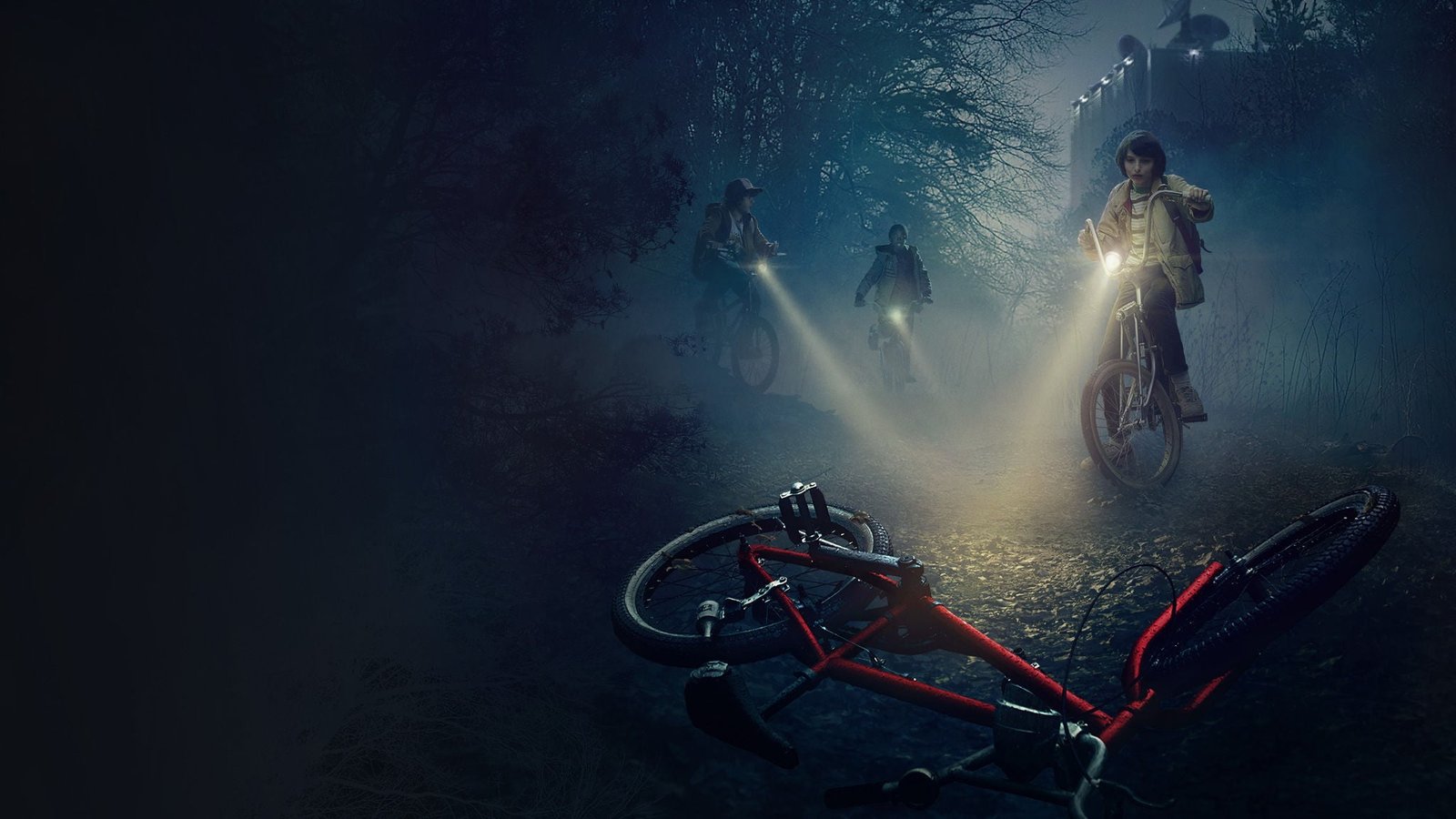 three people looking at red bicycle on ground digital wallpaper 2k