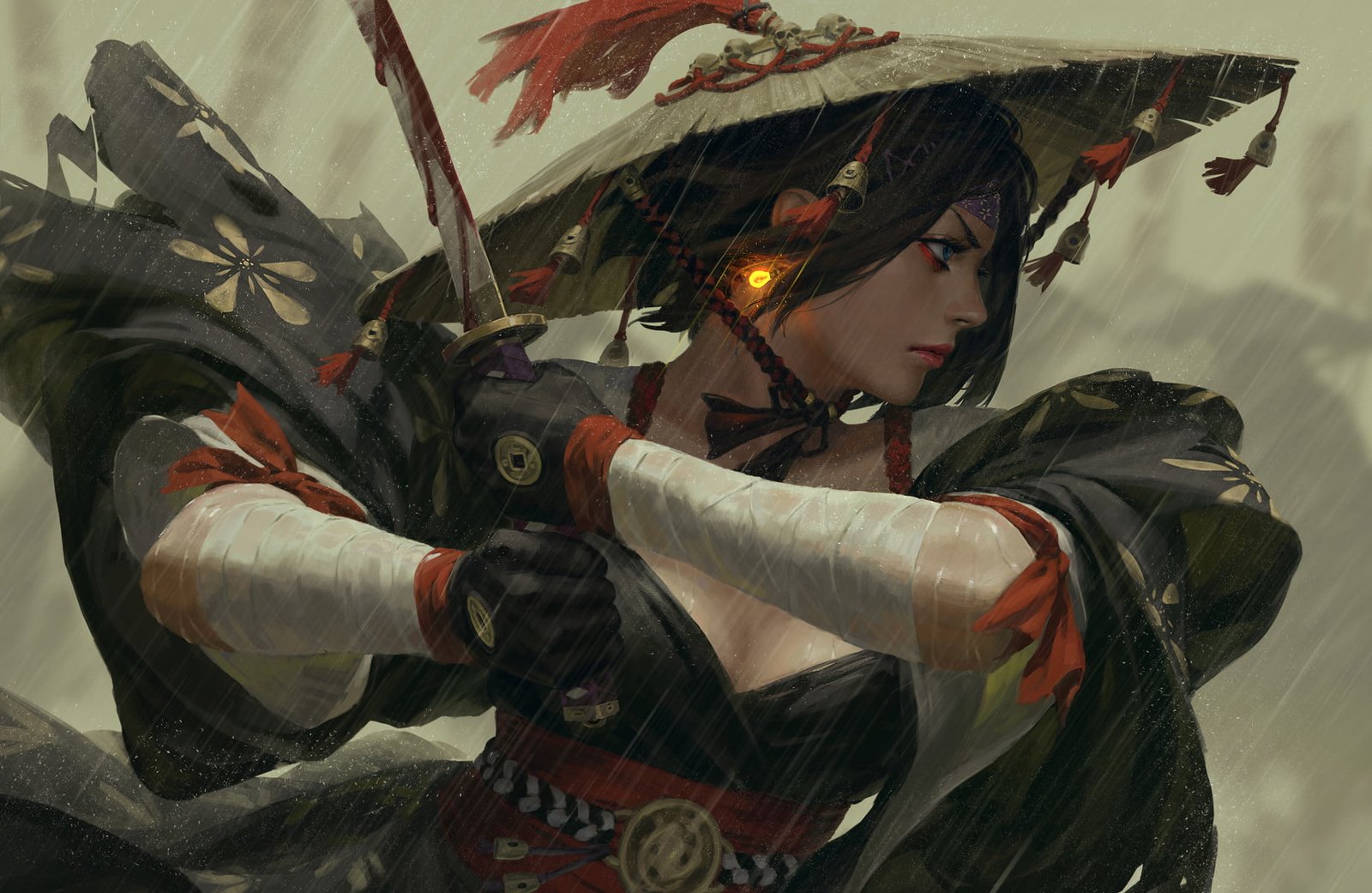 black haired female holding katana illustration warrior fantasy art 2k