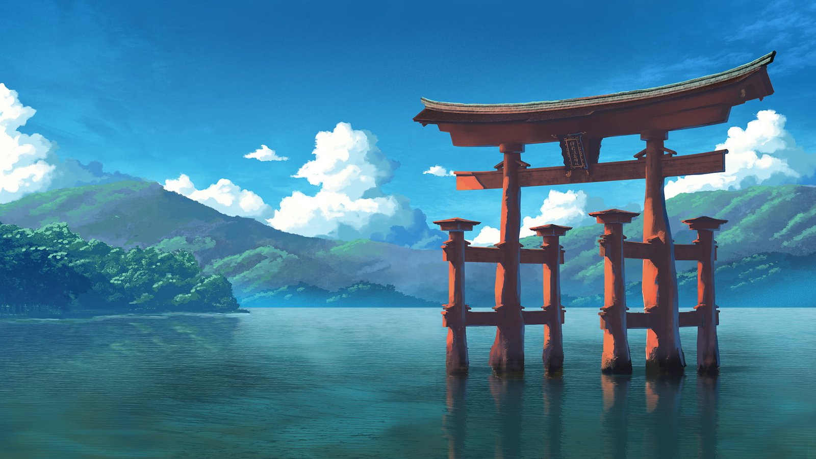 tori gate digital wallpaper shrine water mountains clouds 2k