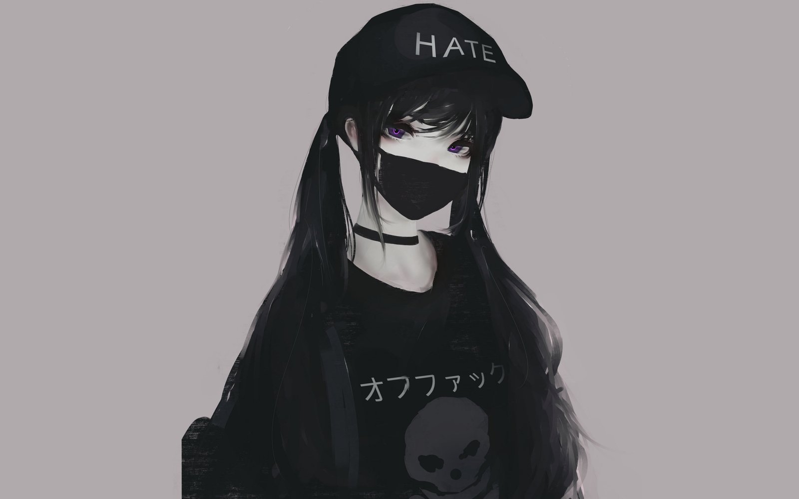black haired girl anime wallpaper twintails monochrome hair 2k 4k 5k