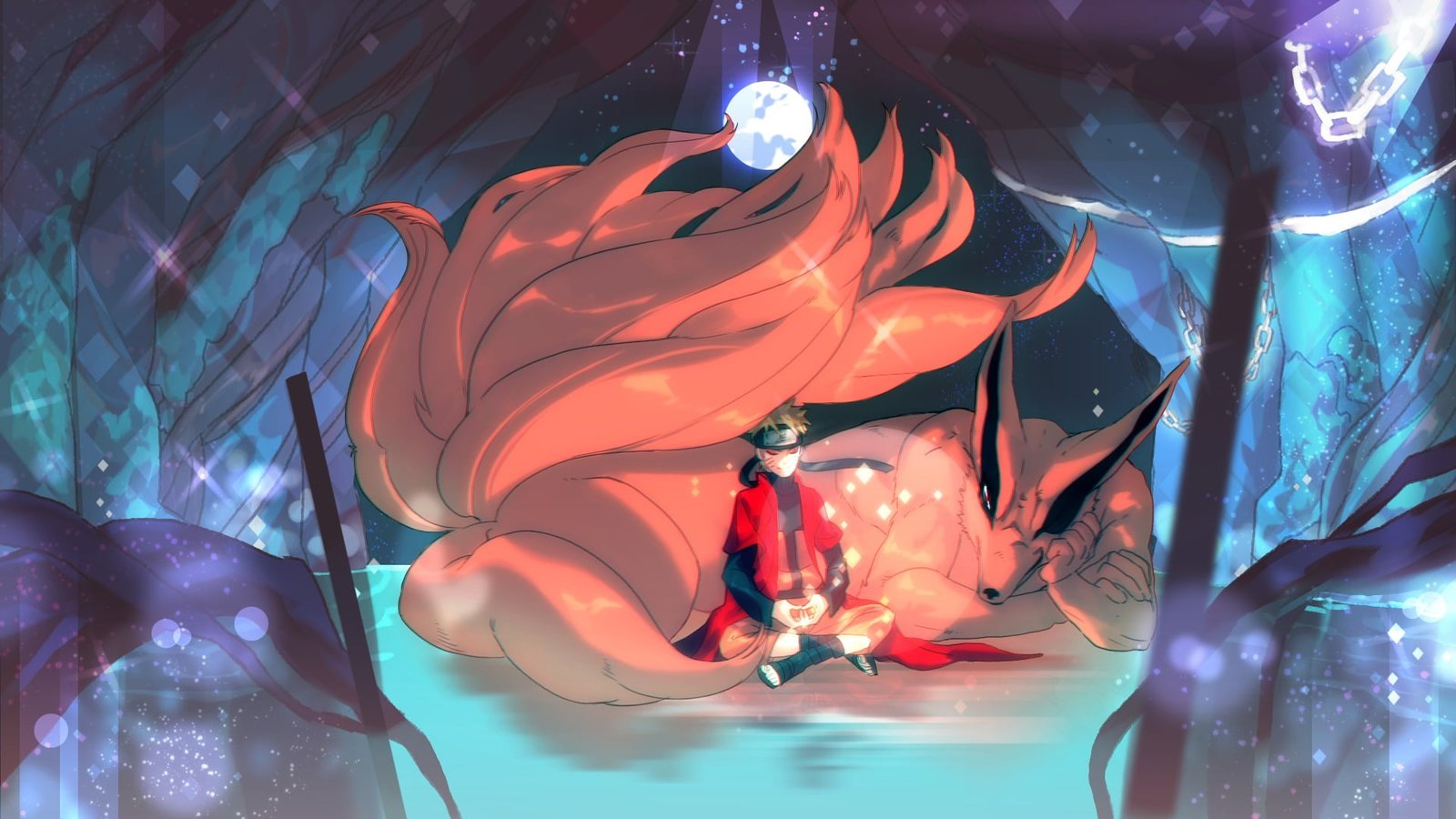 Uzumaki Naruto and Kurama wallpaper smile magic the moon meditation 2k