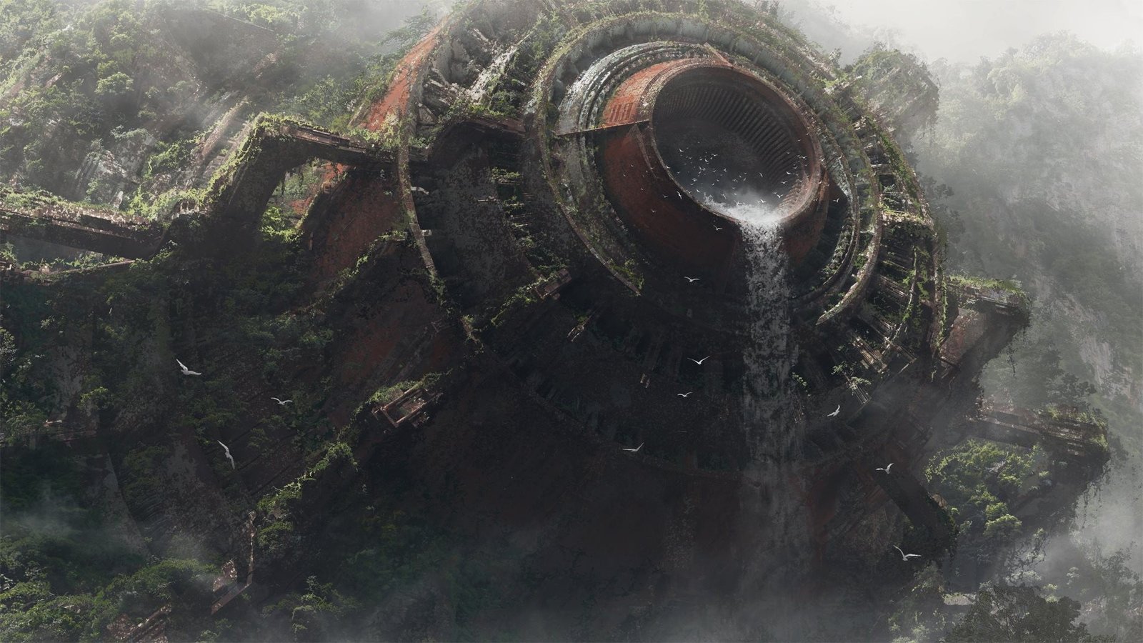 brown and grey metal container science fiction waterfall artwork 2k