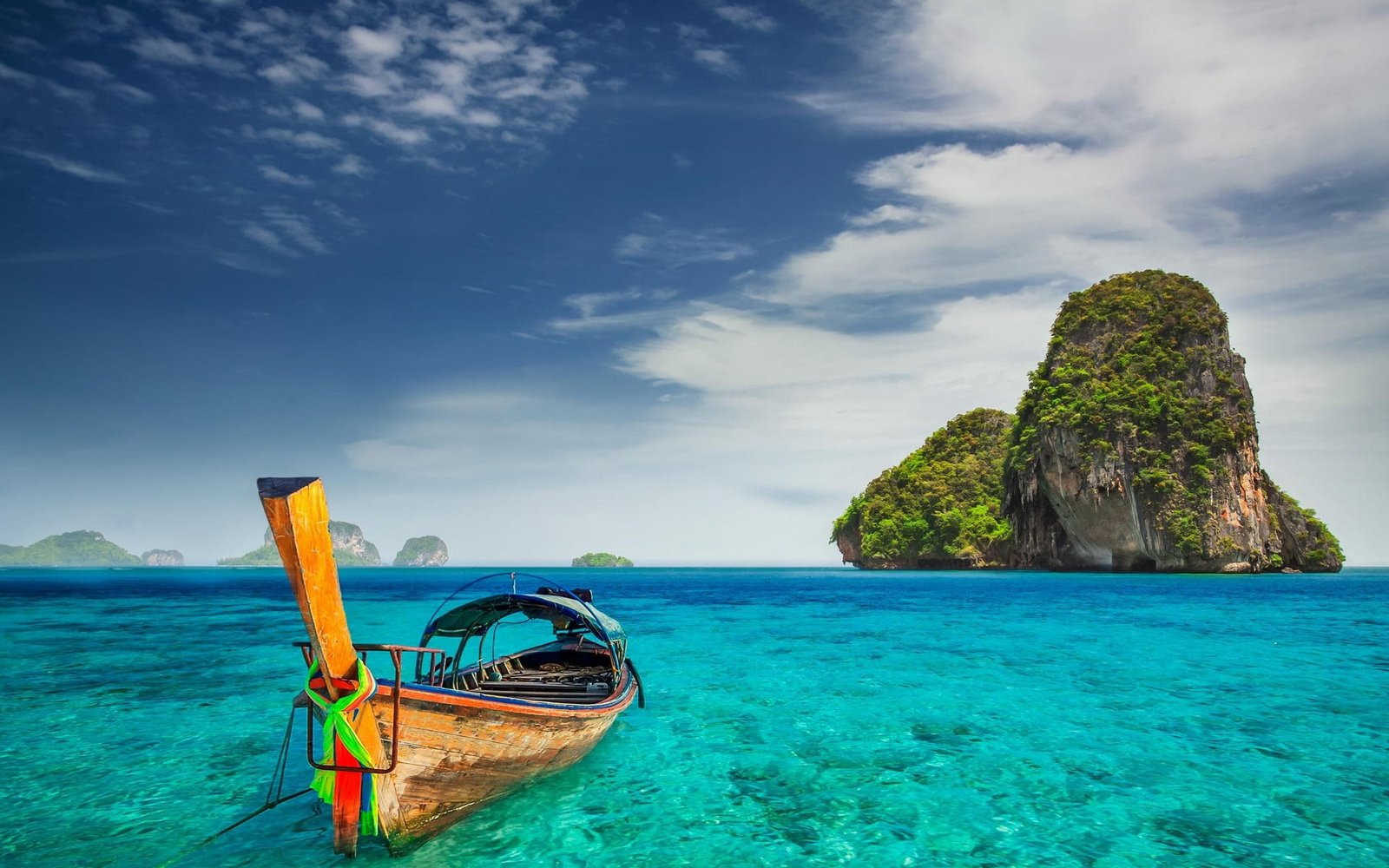 brown bass boat landscape Railay Beach nature Thailand cliff 2k