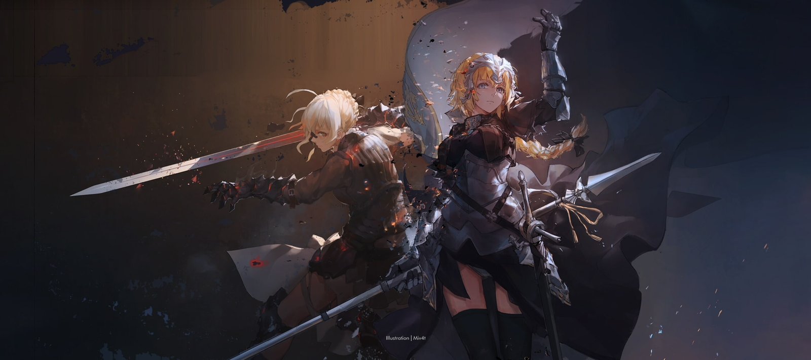two animated characters holding swords wallpaper fate stay night 2k