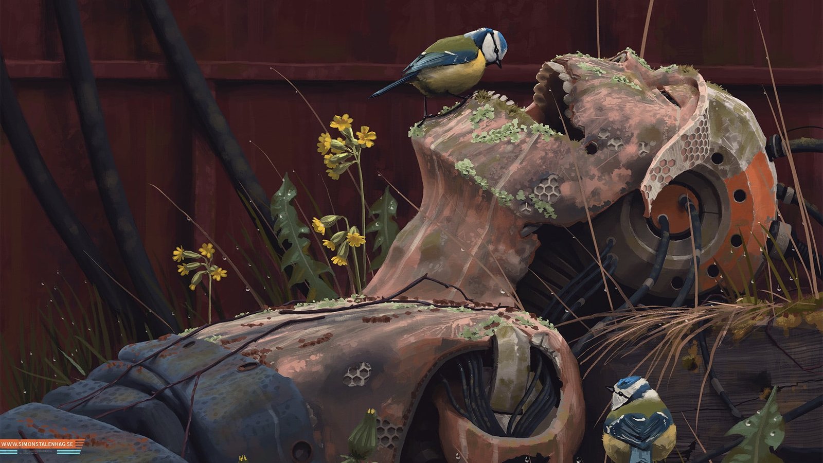 brown humanoid digital wallpaper yellow and blue bird cyberpunk 2k