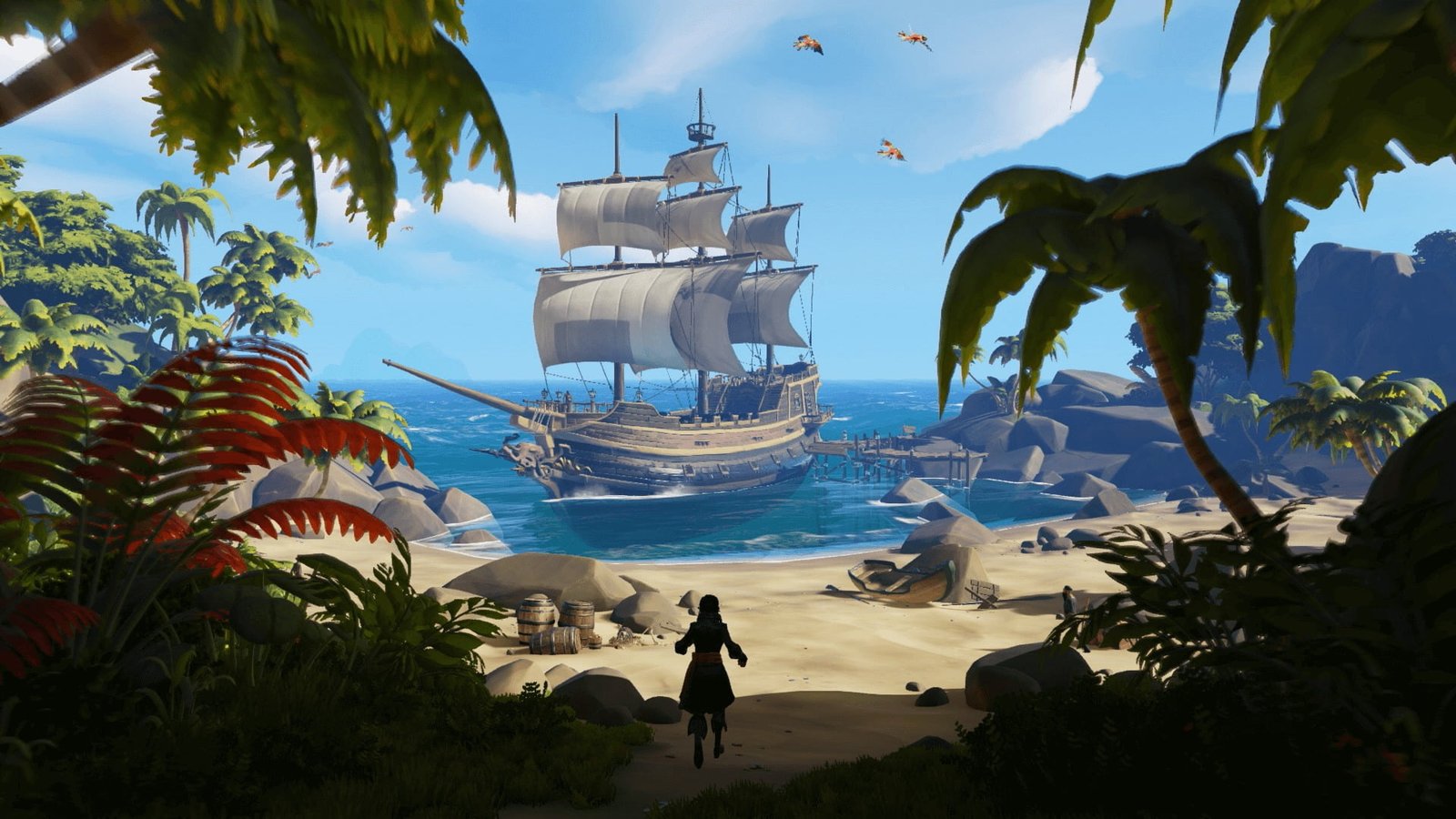 brown ship on shore illustration video games pirates Sea of Thieves 2k
