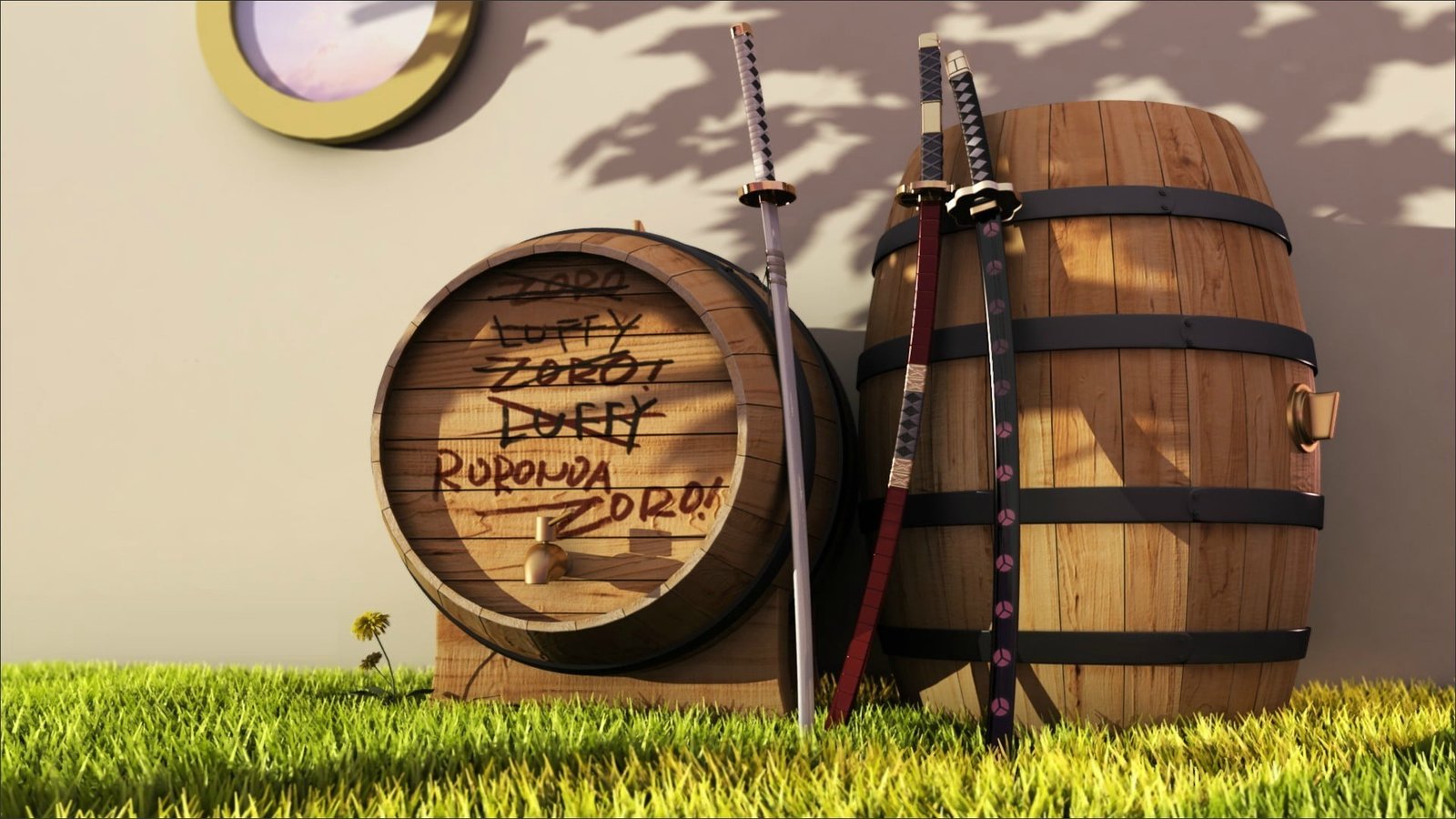 brown wooden barrels One Piece Roronoa Zoro sword katana 2k