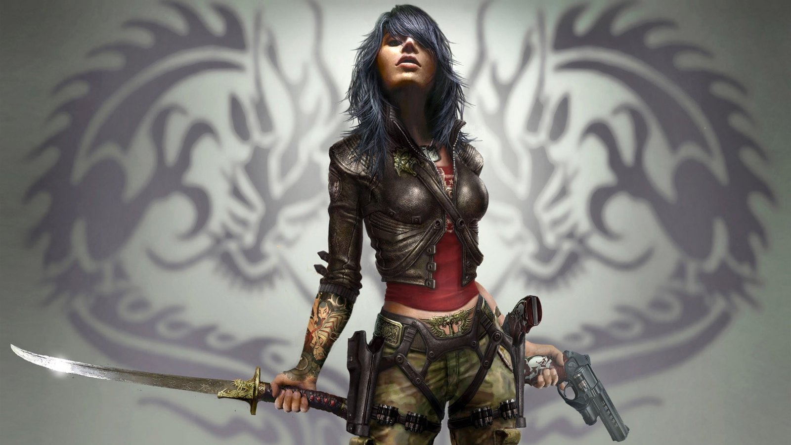 woman holding sword and rifle anime character fantasy art Wet Video Game 2k