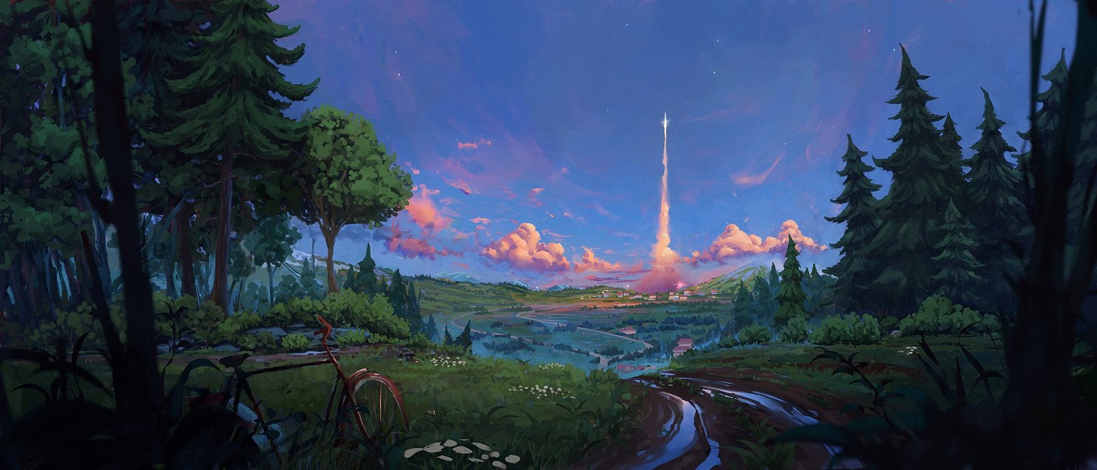 forest bicycle twilight road Landscape sky trees nature 2k