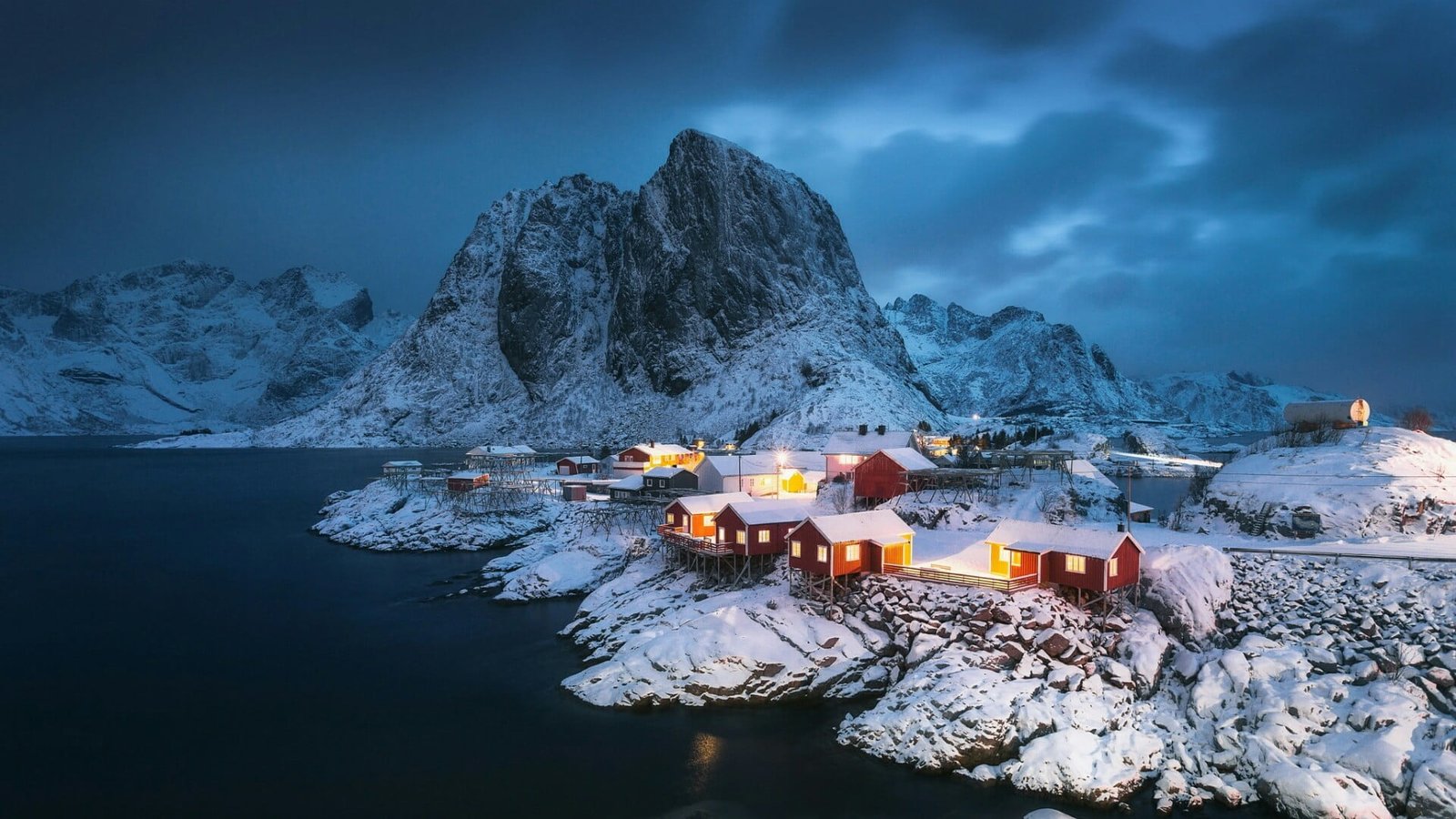 glacial landform dusk cloud village fishing red huses 2k