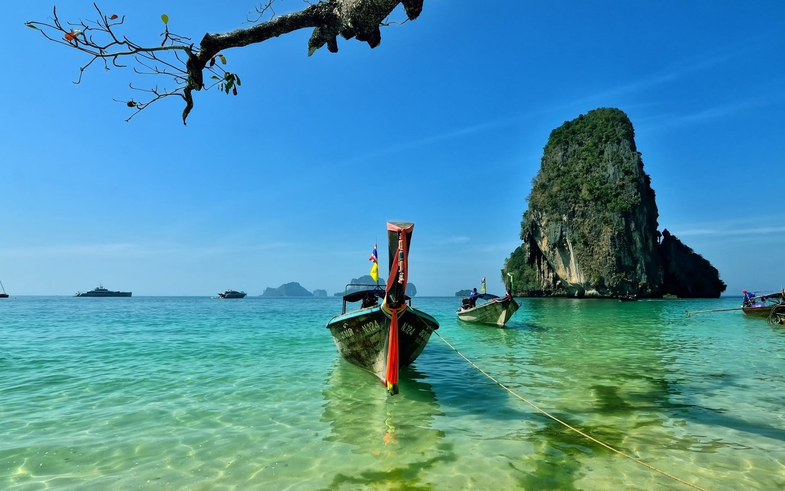 gray and red boat Railay Beach Thailand sea water sky scenics nature 2k