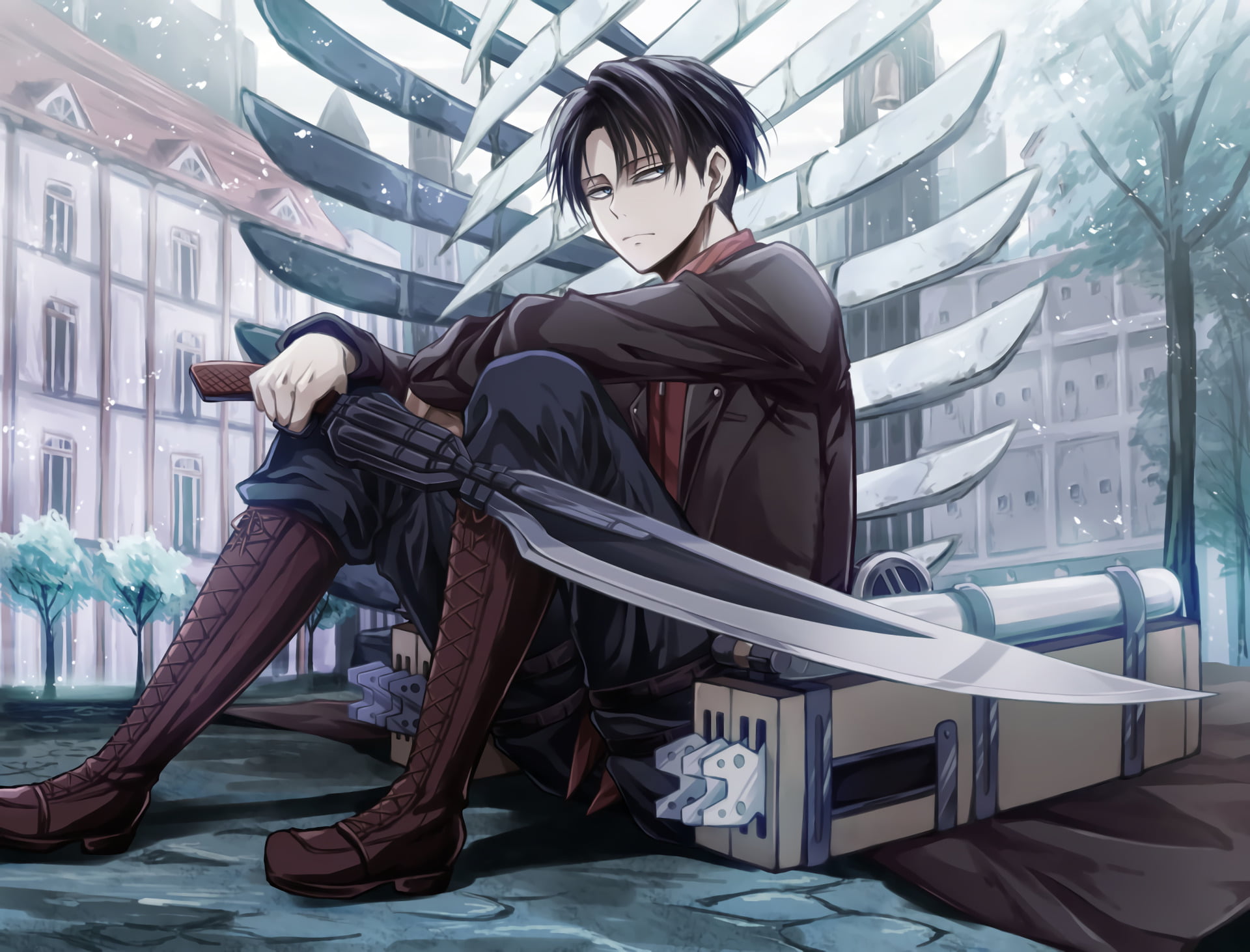 man sitting beside swords Anime Attack On Titan Black Hair 2k