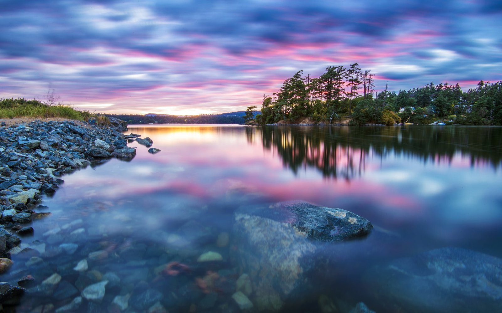 Nature scenery trees lake water stones sunset tranquility clear shallow 2k