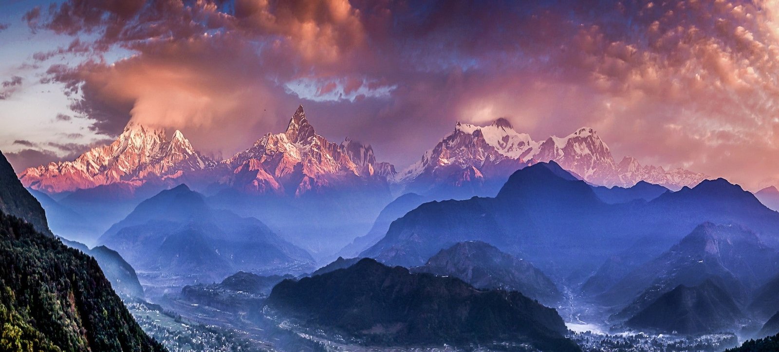 Nature Landscape Himalayas Mountain Sunset Clouds Mist Valley Nepal Villages snow covered mountain 2k