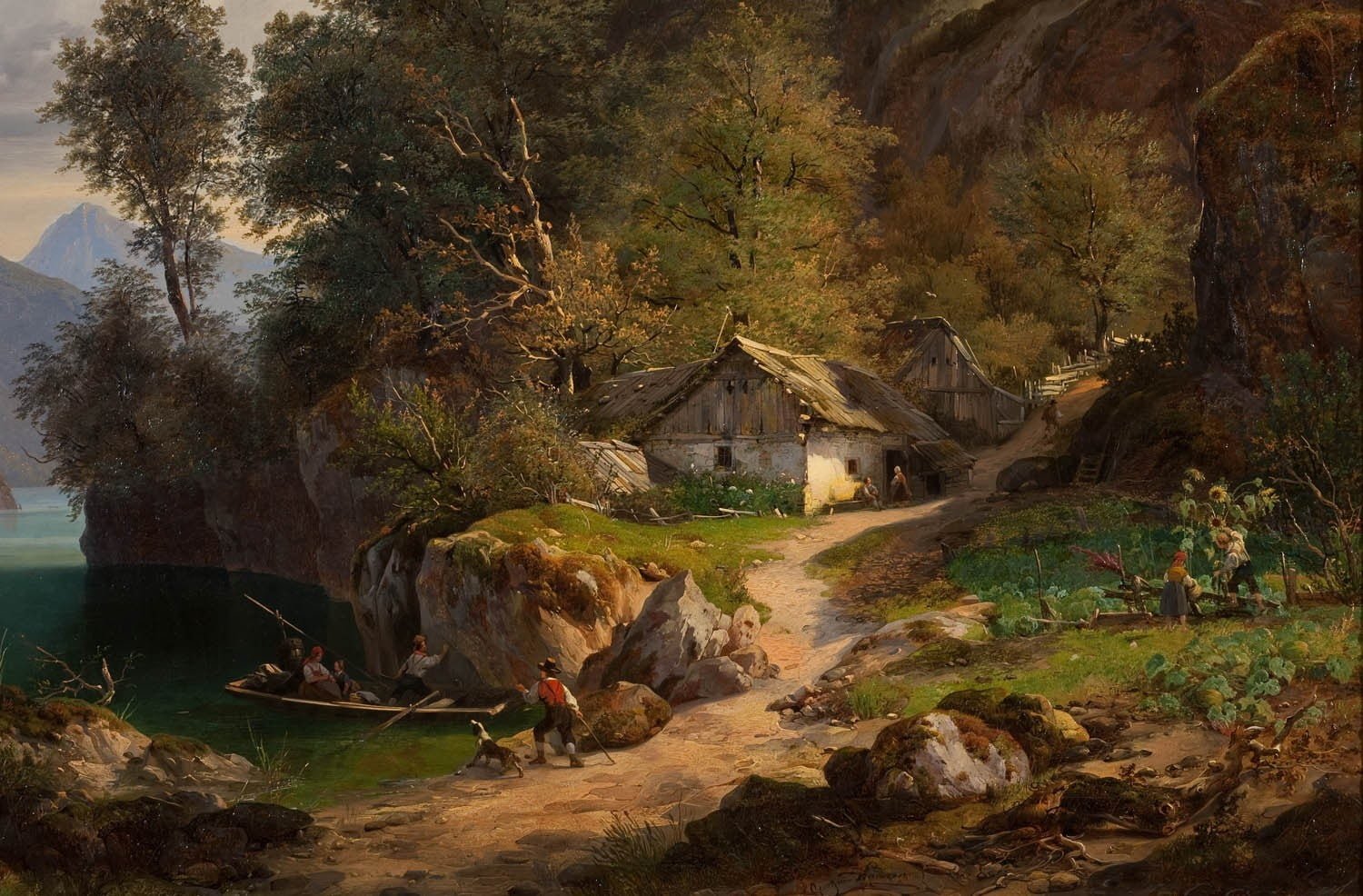 painting of people near cabin beside lake pastoral cottage 2k