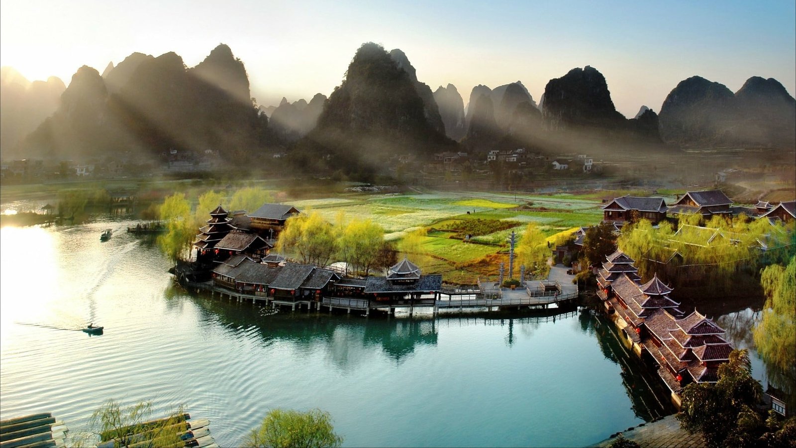 sky overwater yangshuo village countryside karst mountains 2k