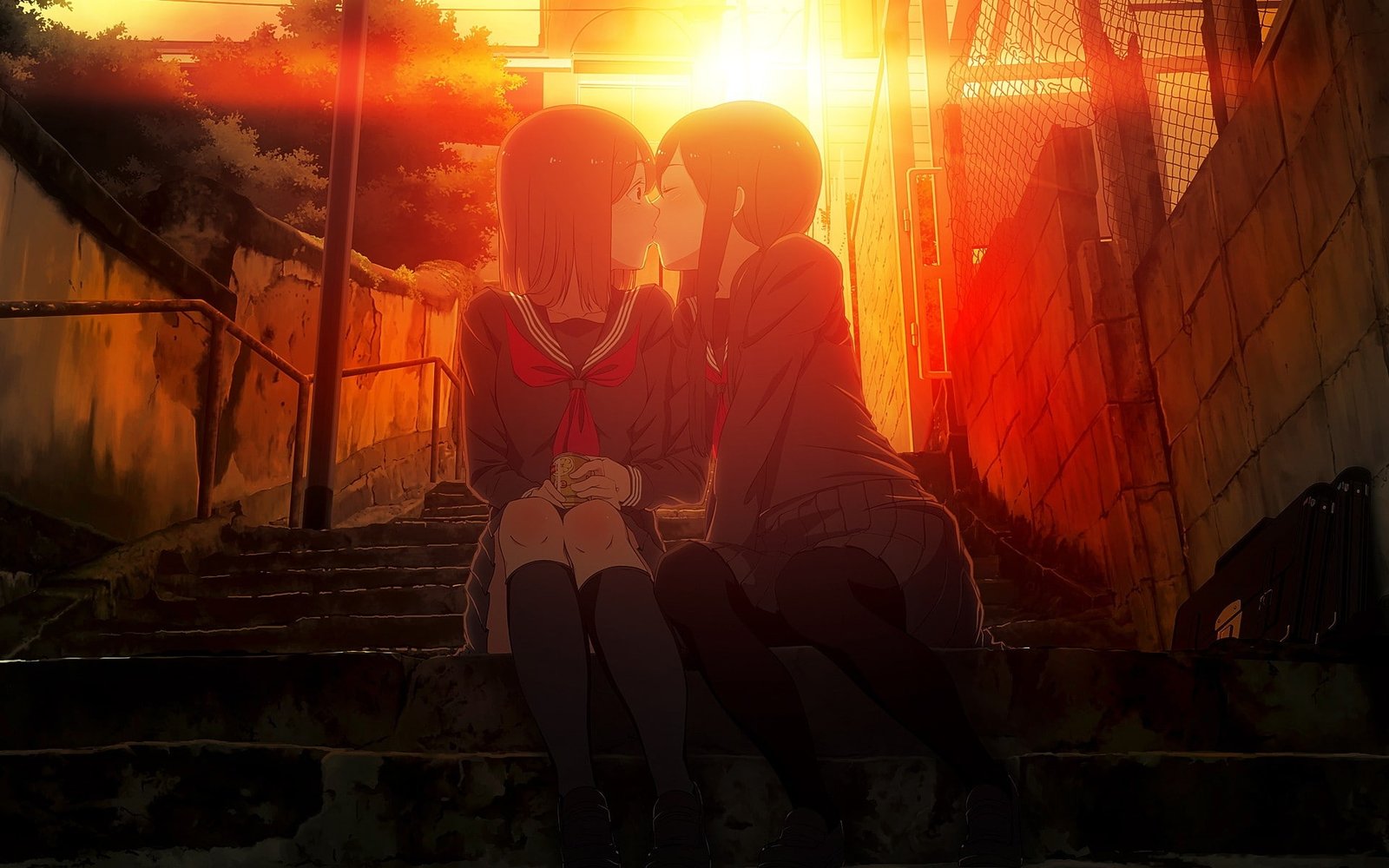 sunset cityscapes school uniforms lesbians skirts kissing yuri socks stairways thigh highs anime clo Nature Sunsets HD Art 2k