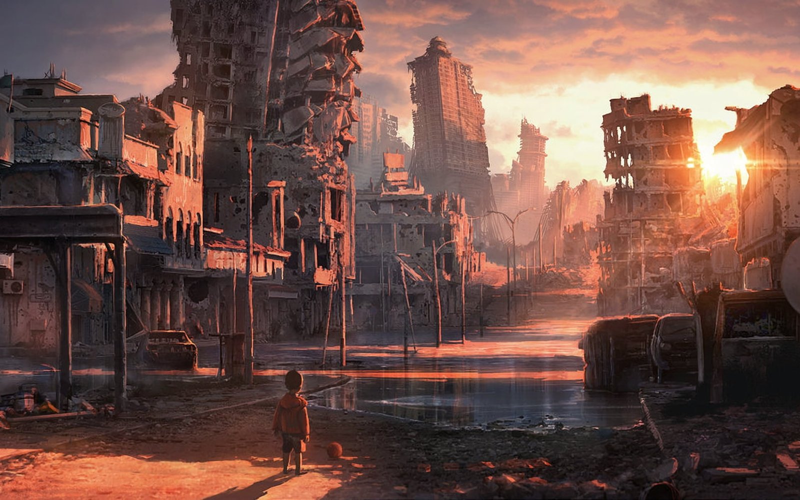 sunset postapocalyptic artwork boys abandoned city forsaken children Nature Sunsets HD Art 2k