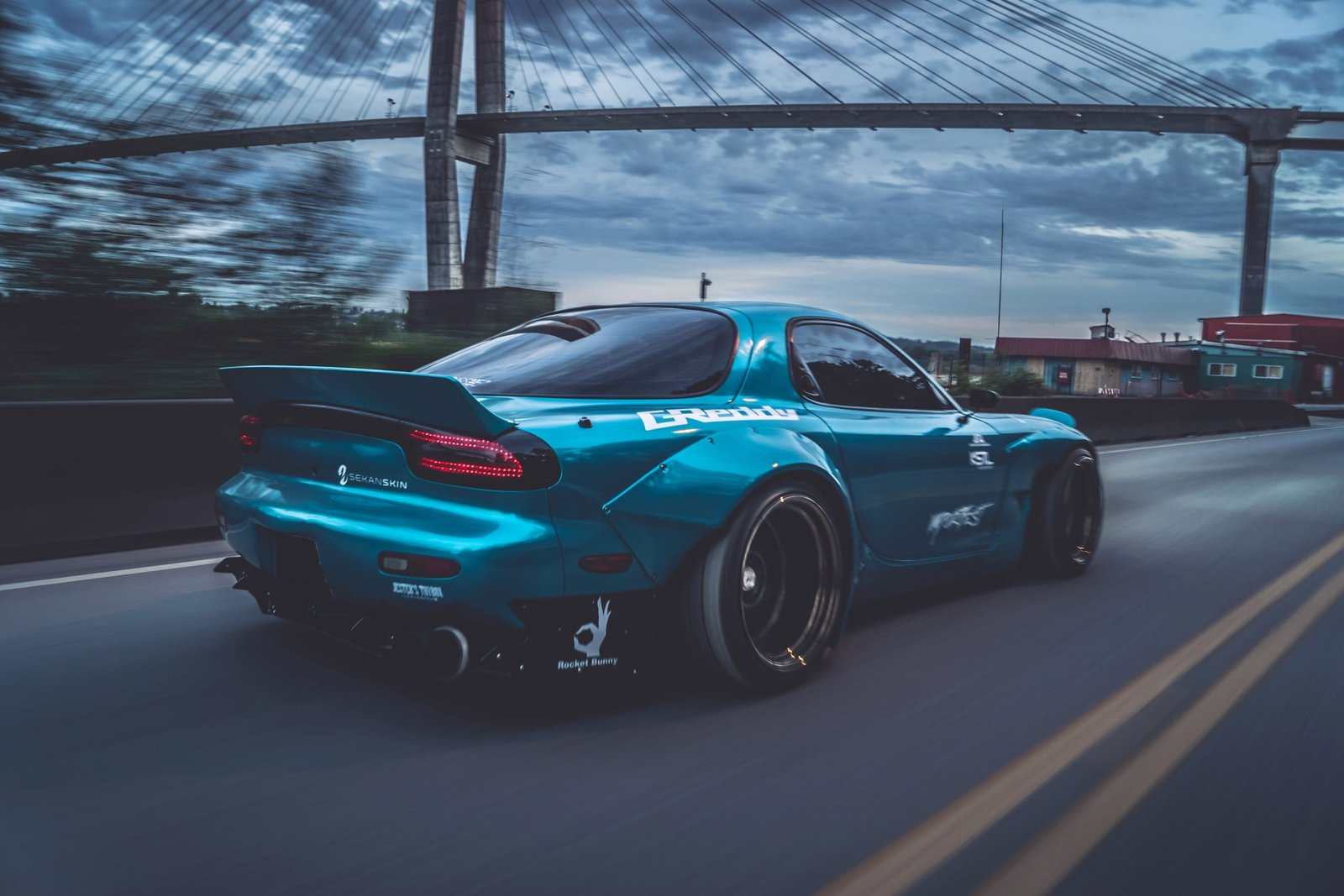 teal sports car Mazda RX 7 blue cars bridge Rocket Bunny 2k