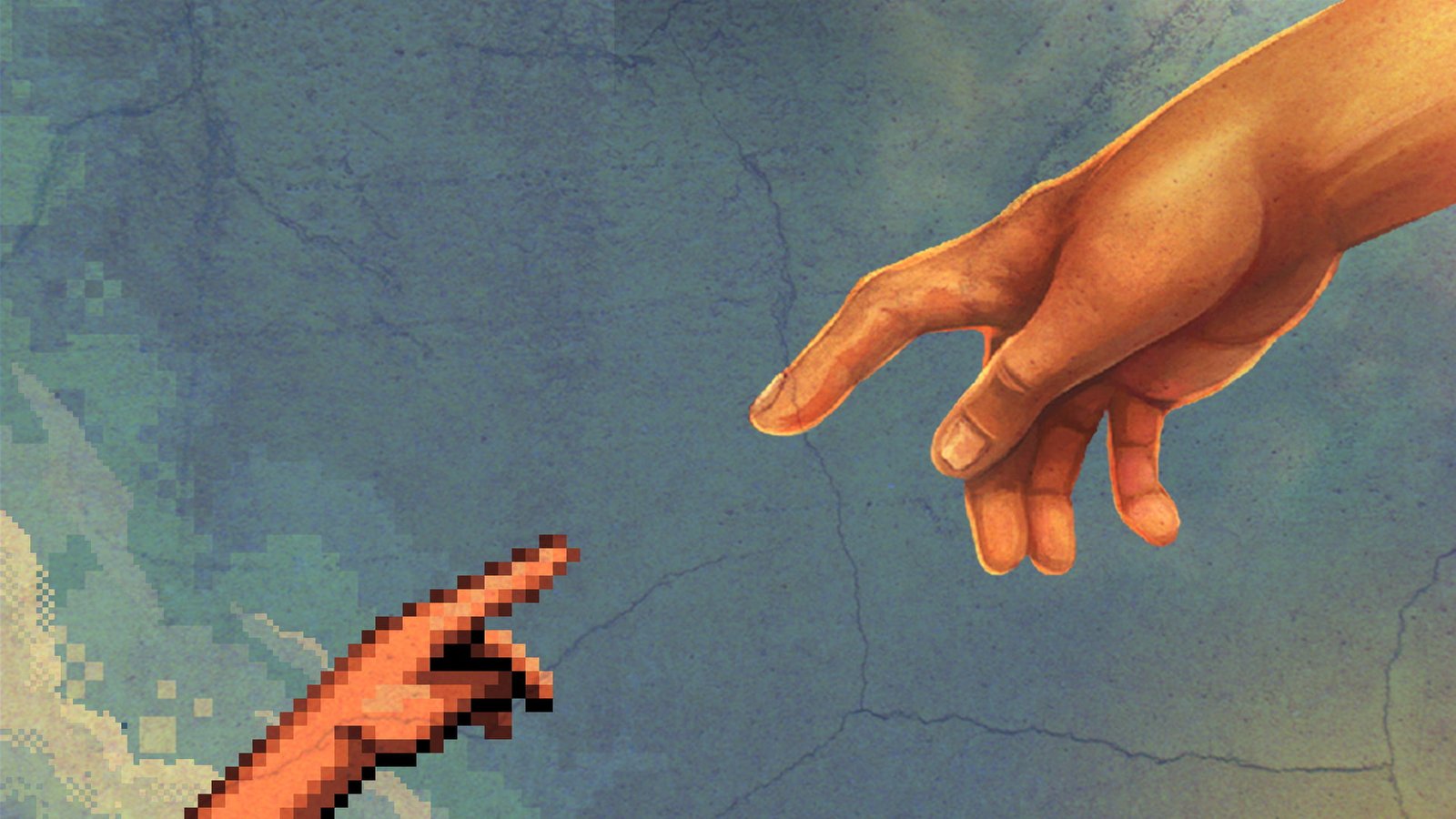 The Creation of Adam parody painting two hand pointing each other 2k