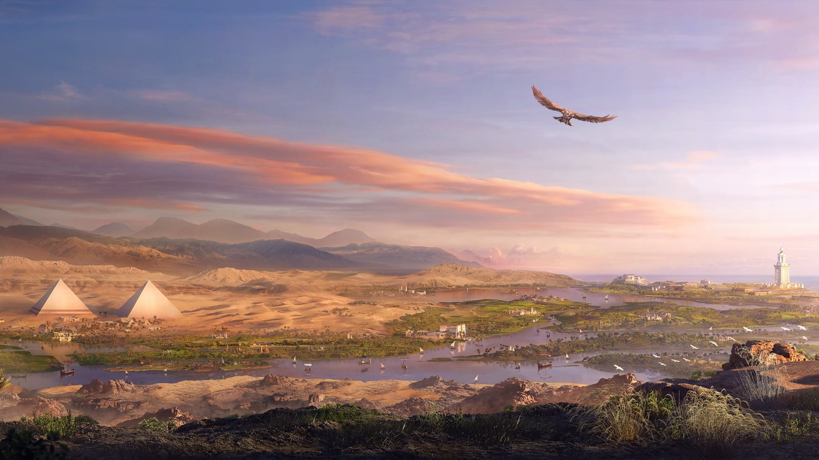 video games landscape Egypt eagle pyramid river Assassin's Creed Origins 2k