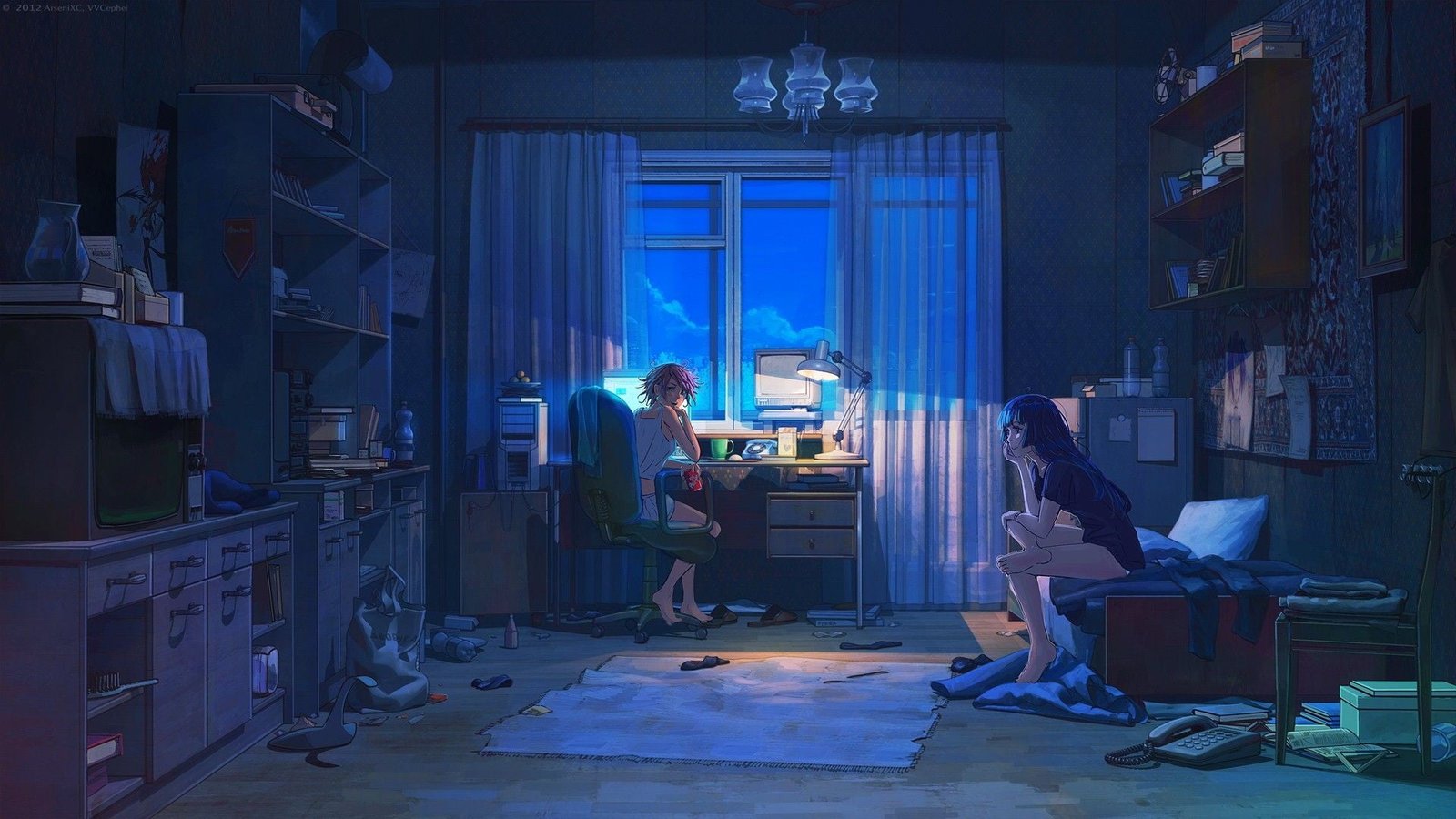 woman sitting on the bed illustration anime girls original characters 2k