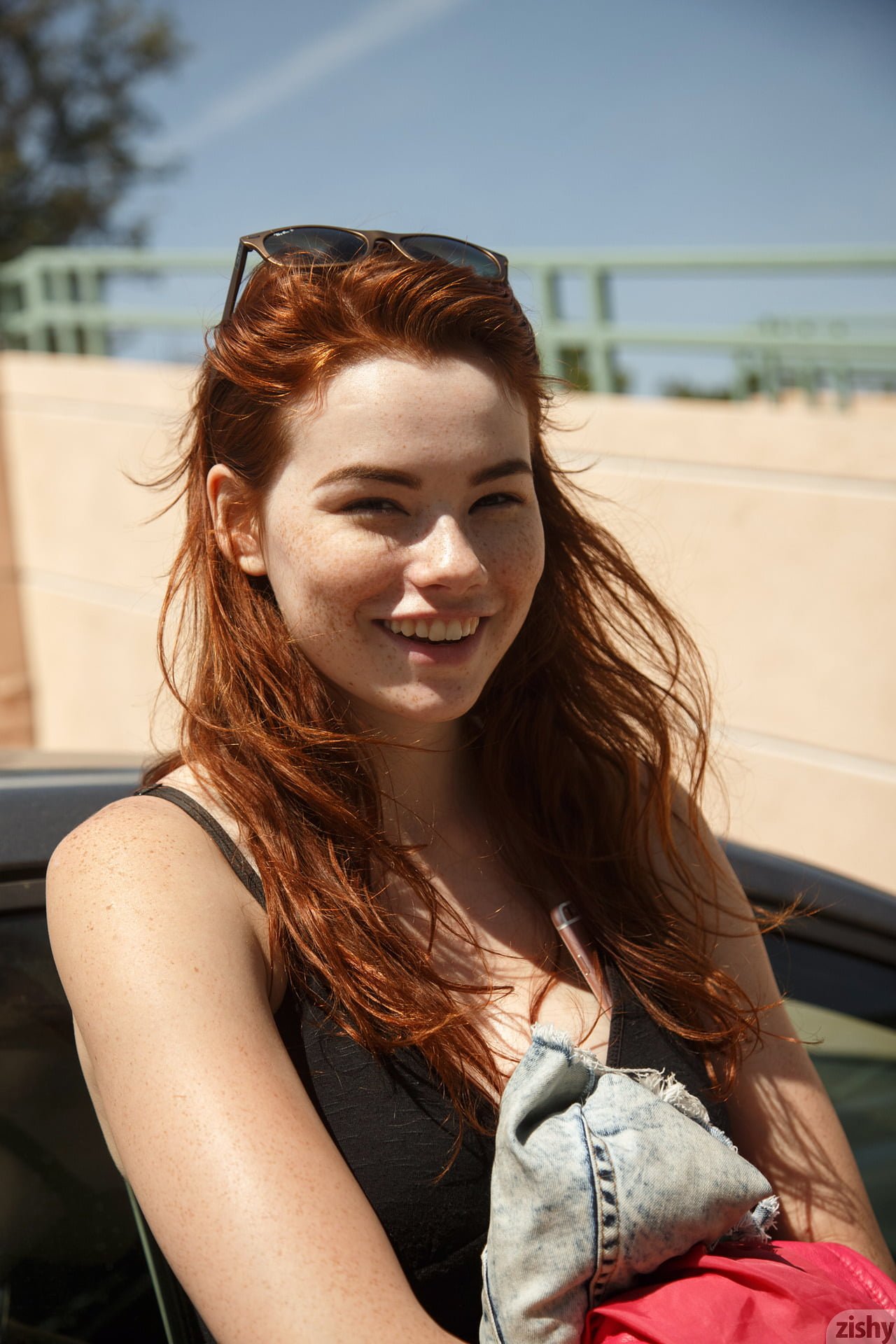 women's black spaghetti strap top Sabrina Lynn redhead freckles