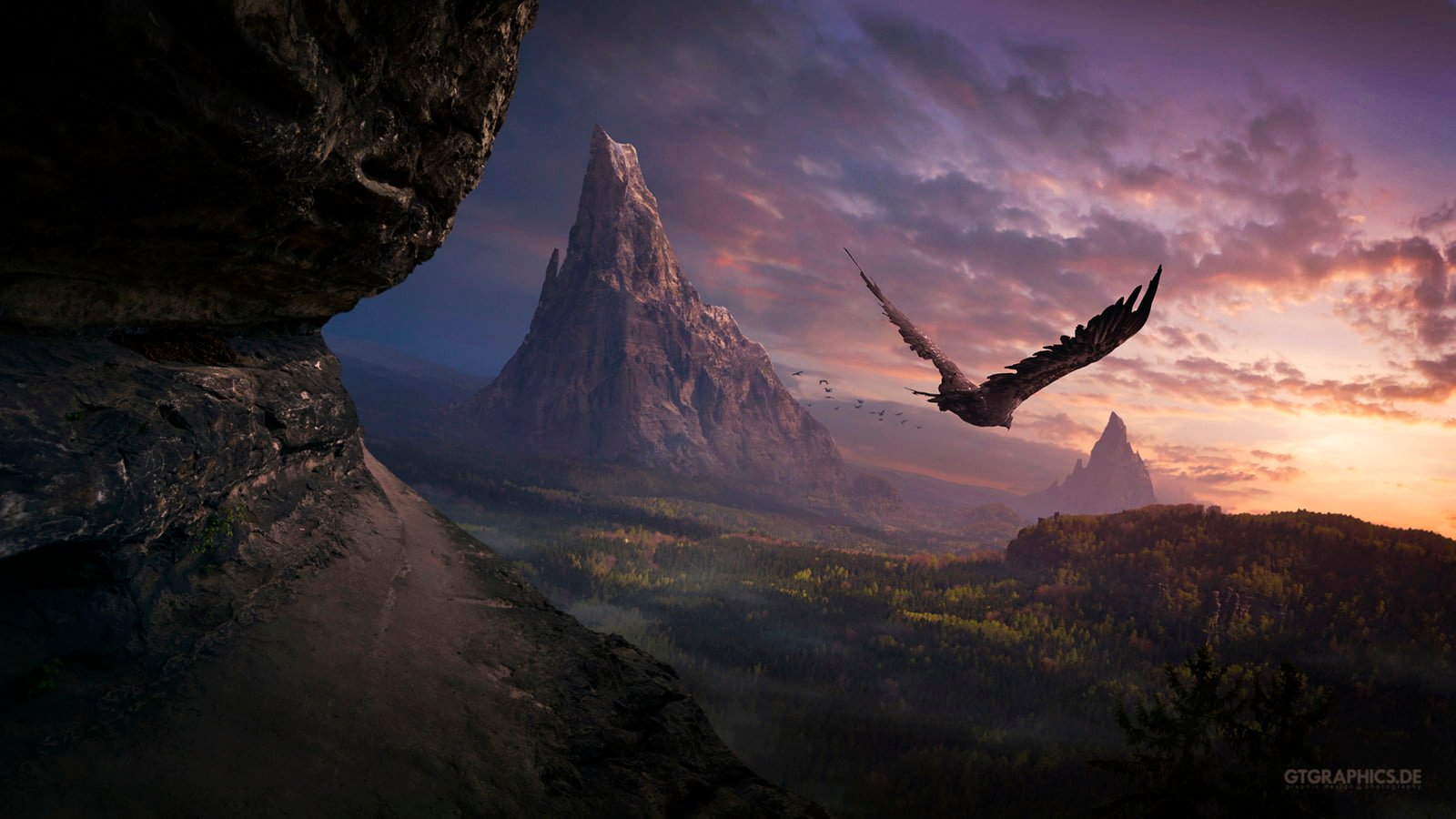 Hawk Bird Landscape Mountains Rock Stone Sunset CG HD bird flying over the horizon graphic art 2k