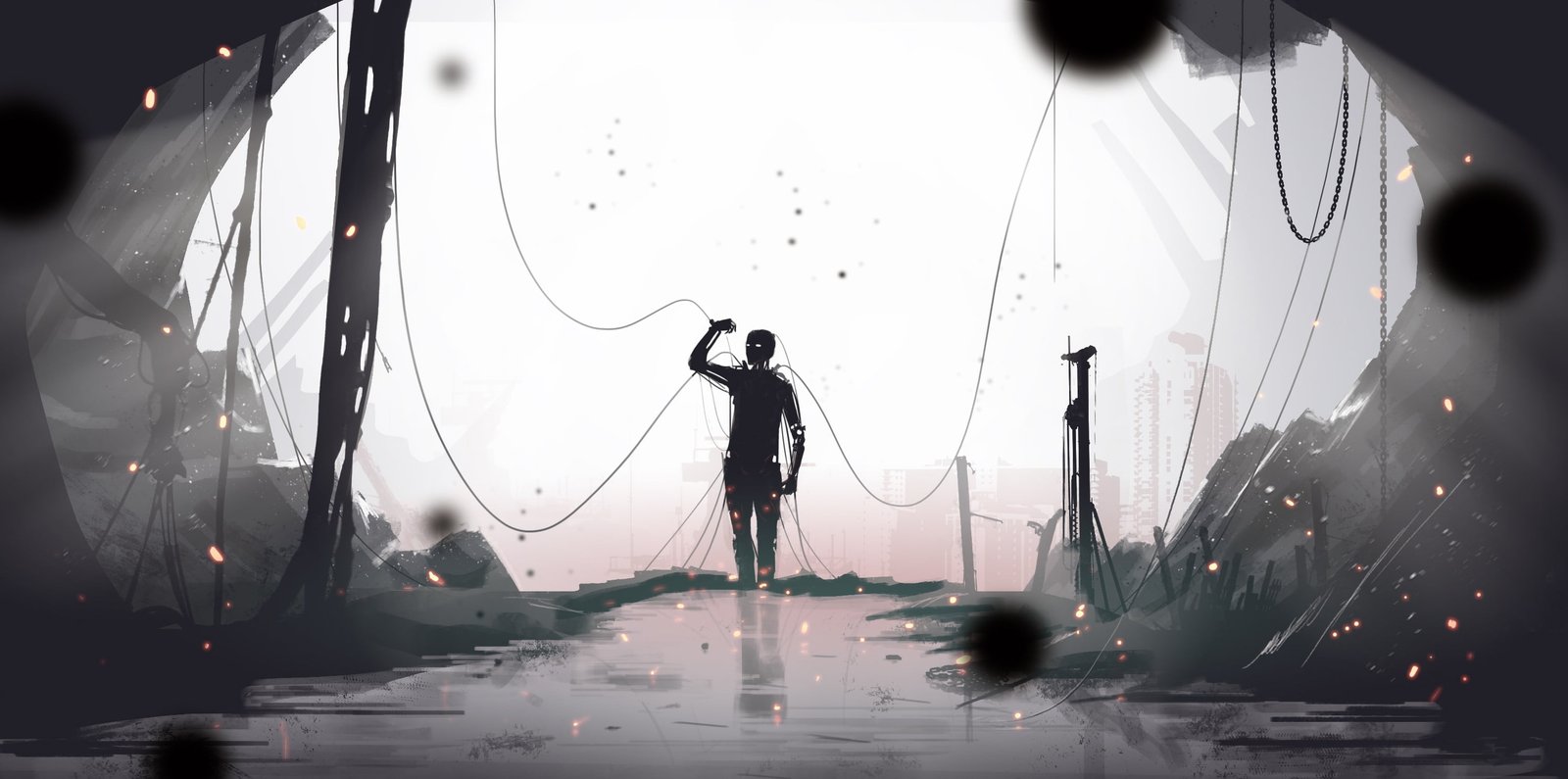 man near cave digital art robot cyberpunk science fiction 2k