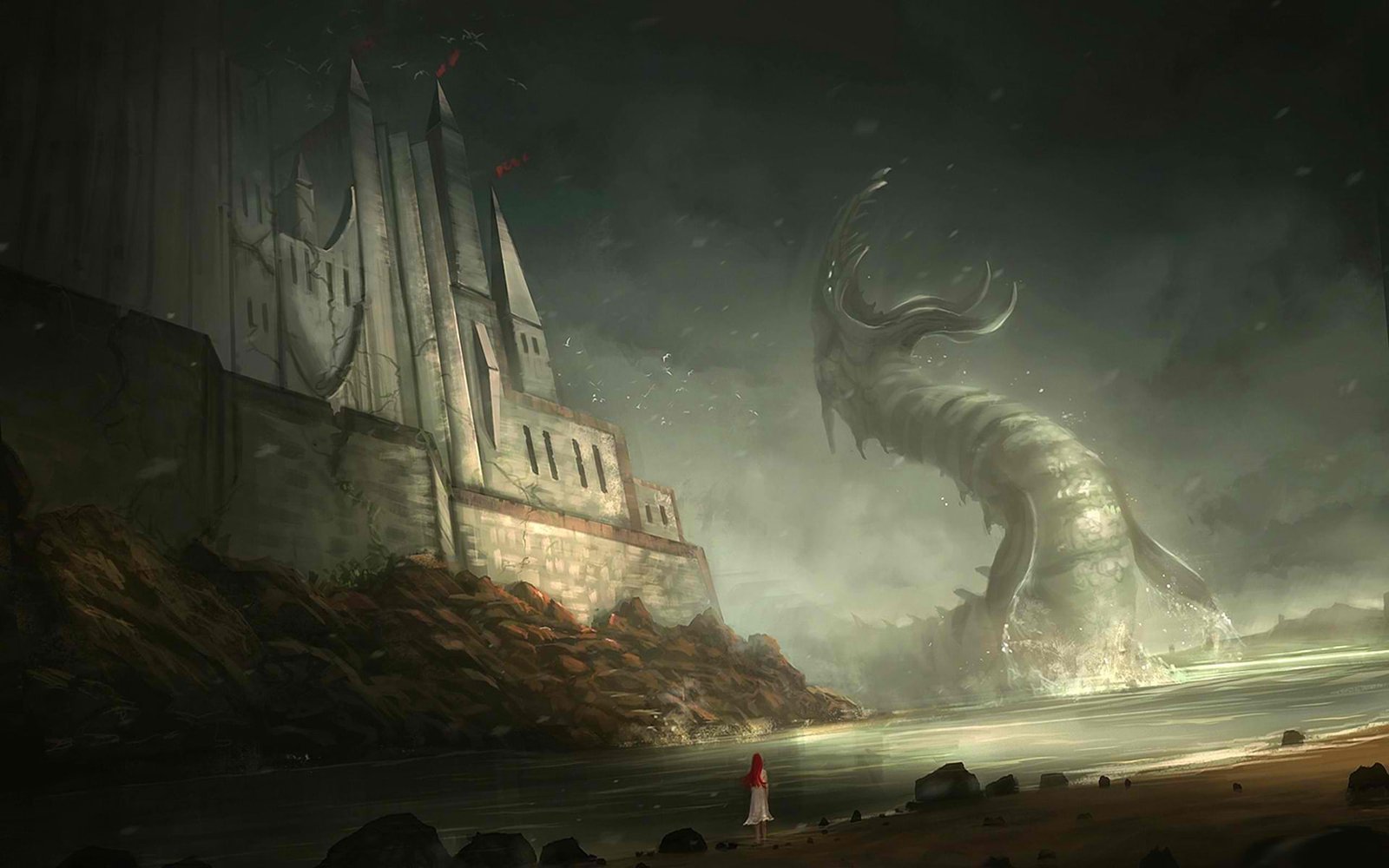 Monster Giant Redhead Girl Beach Castle Drawing Shore HD fantasy 2k