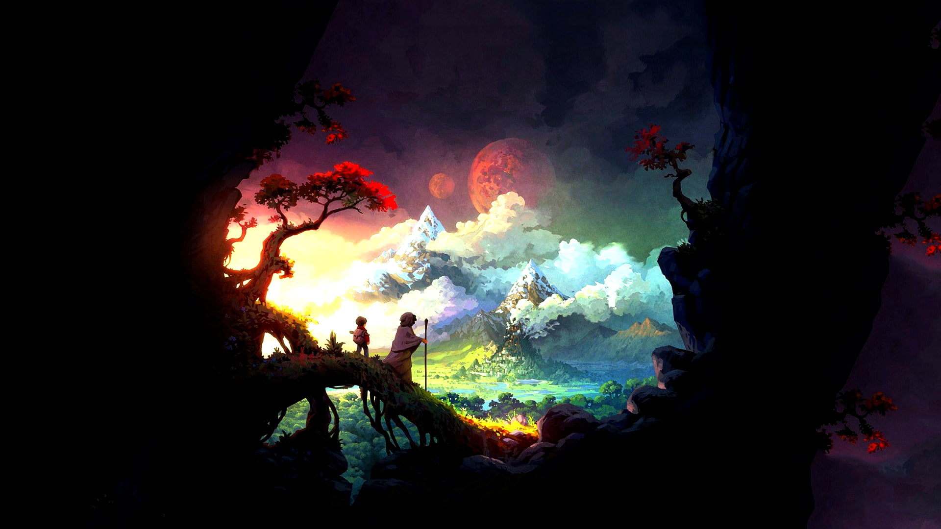mountain and clouds digital wallpaper two anime character standing on wood branch facing red moon illustration 96 2k