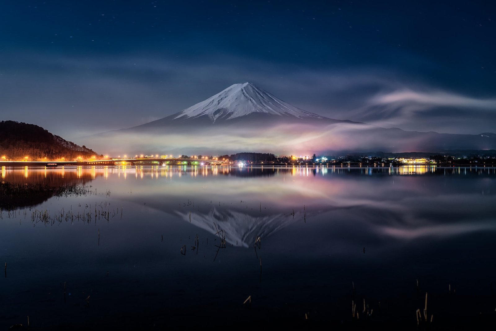 Mt Fuji nature reflection mountains snowy peak mountain pass 2k