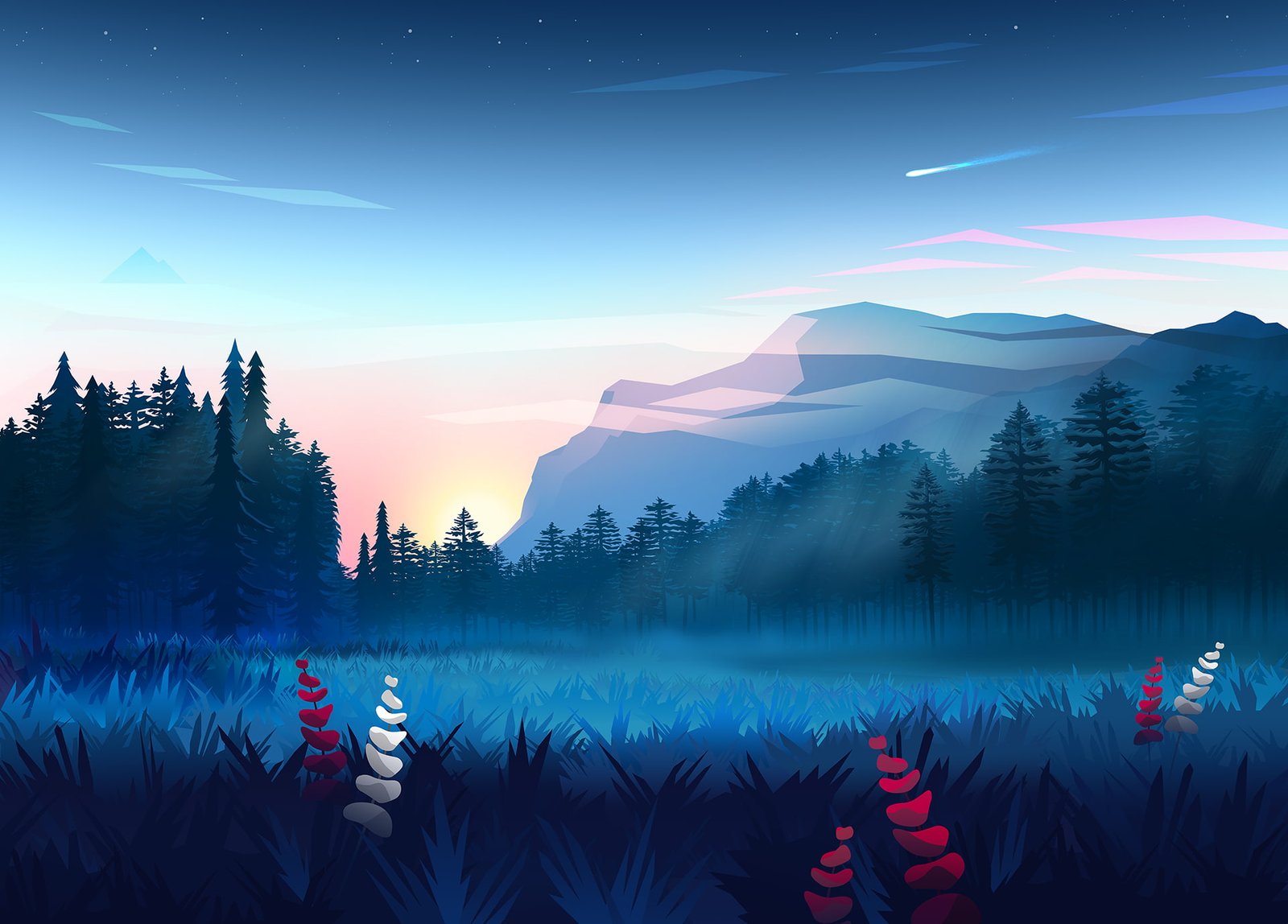 nature byrotek fantasy art colorful trees wood mountains 2k