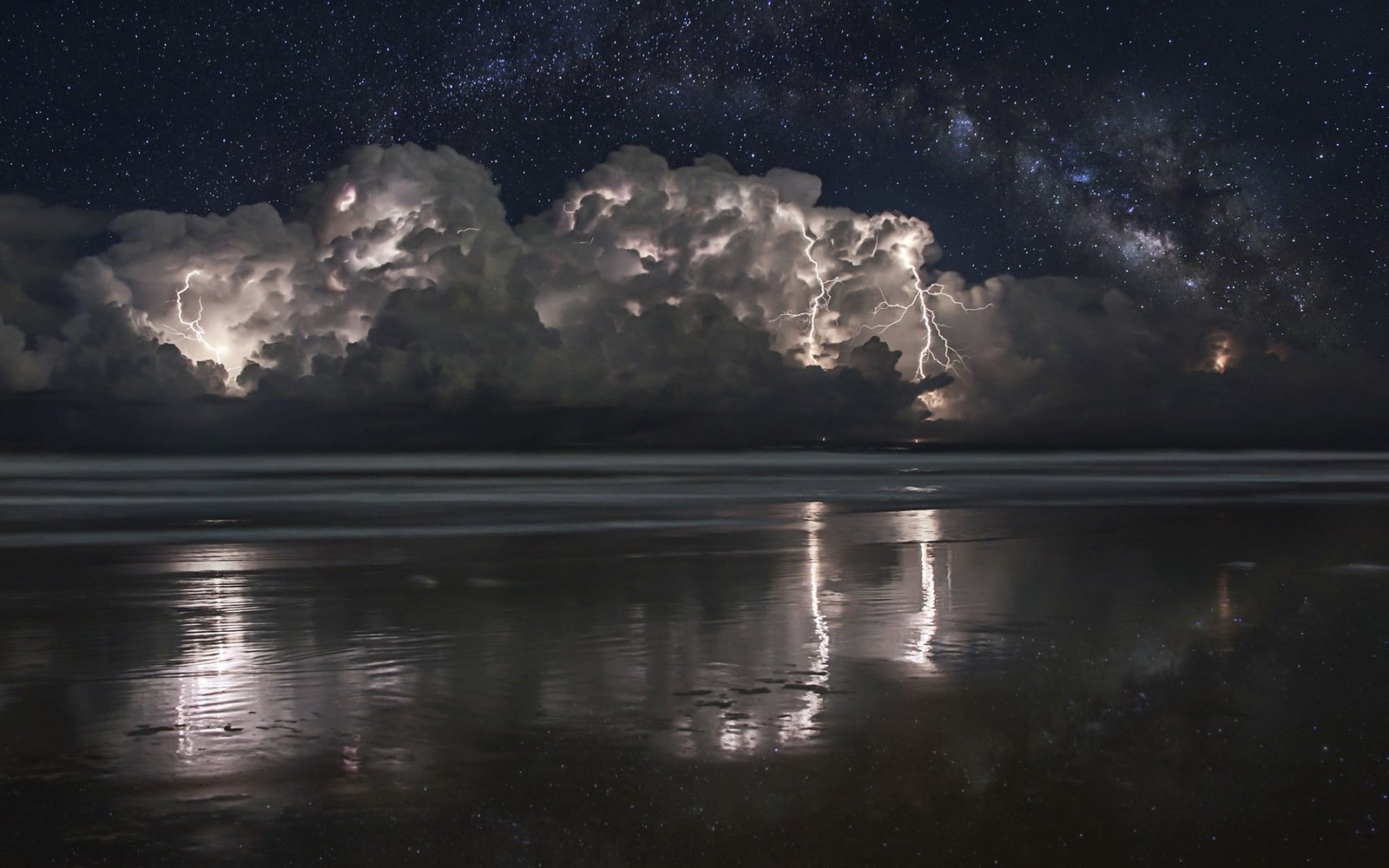 nimbus clouds lightning beach px storm starry night nature 2k