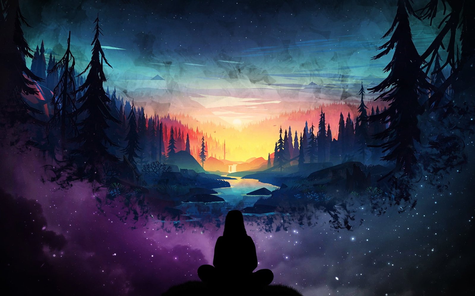 silhouette of girl infront river painting woman's in front pine trees 2k