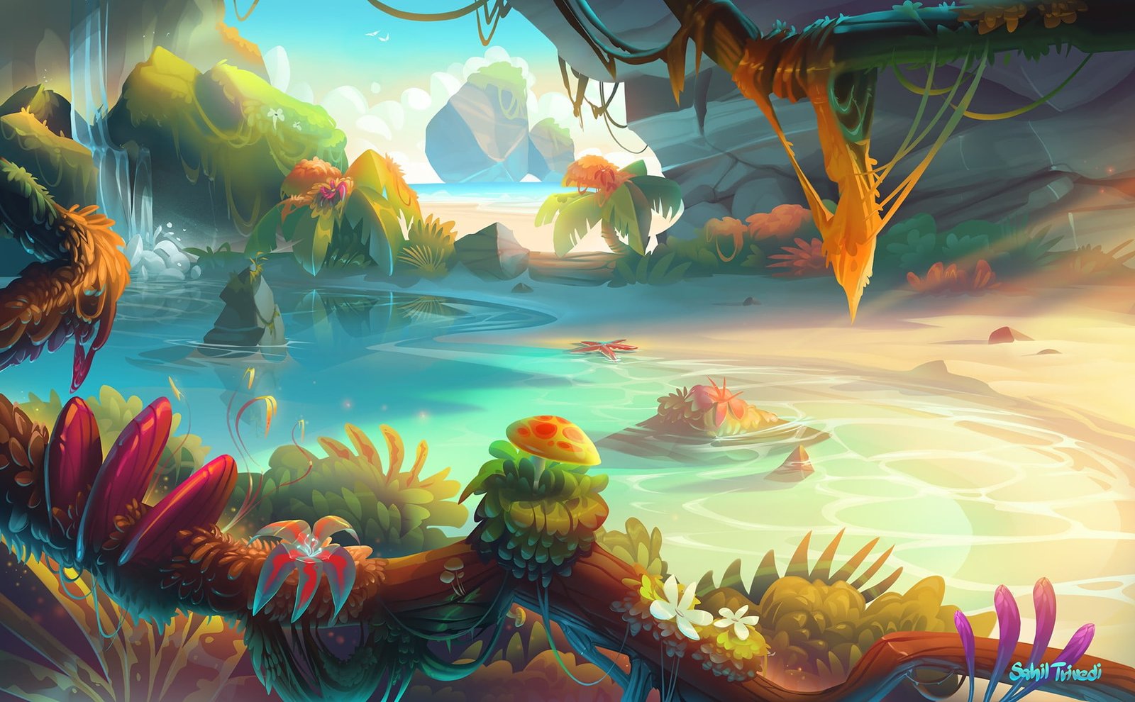 anime wallpaper illustration fantasy art sunset bonsai water 2k