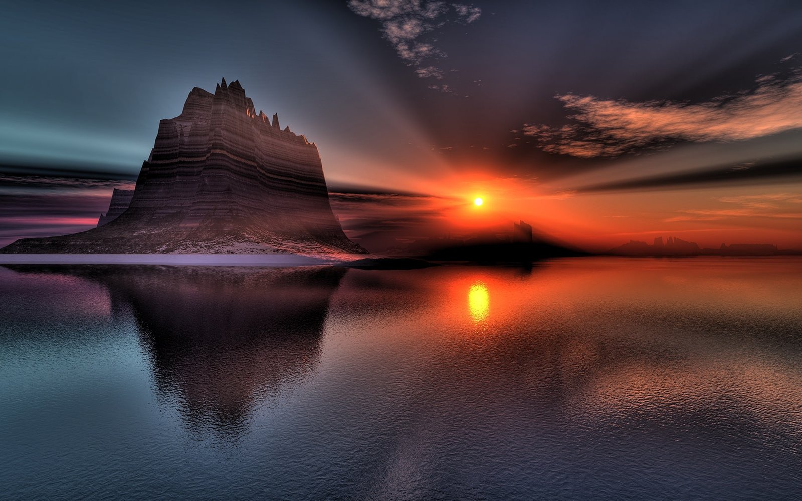 Beautiful scenery sunset lake rock hill reflection clam body of water 2k