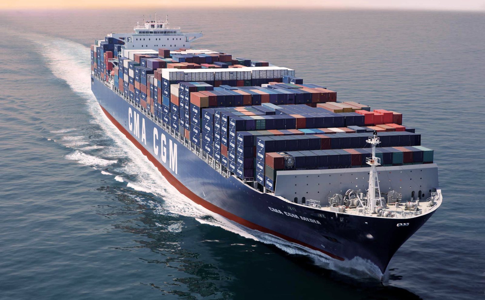 blue and white CMA CGM cargo ship Sea Board The A container 2k