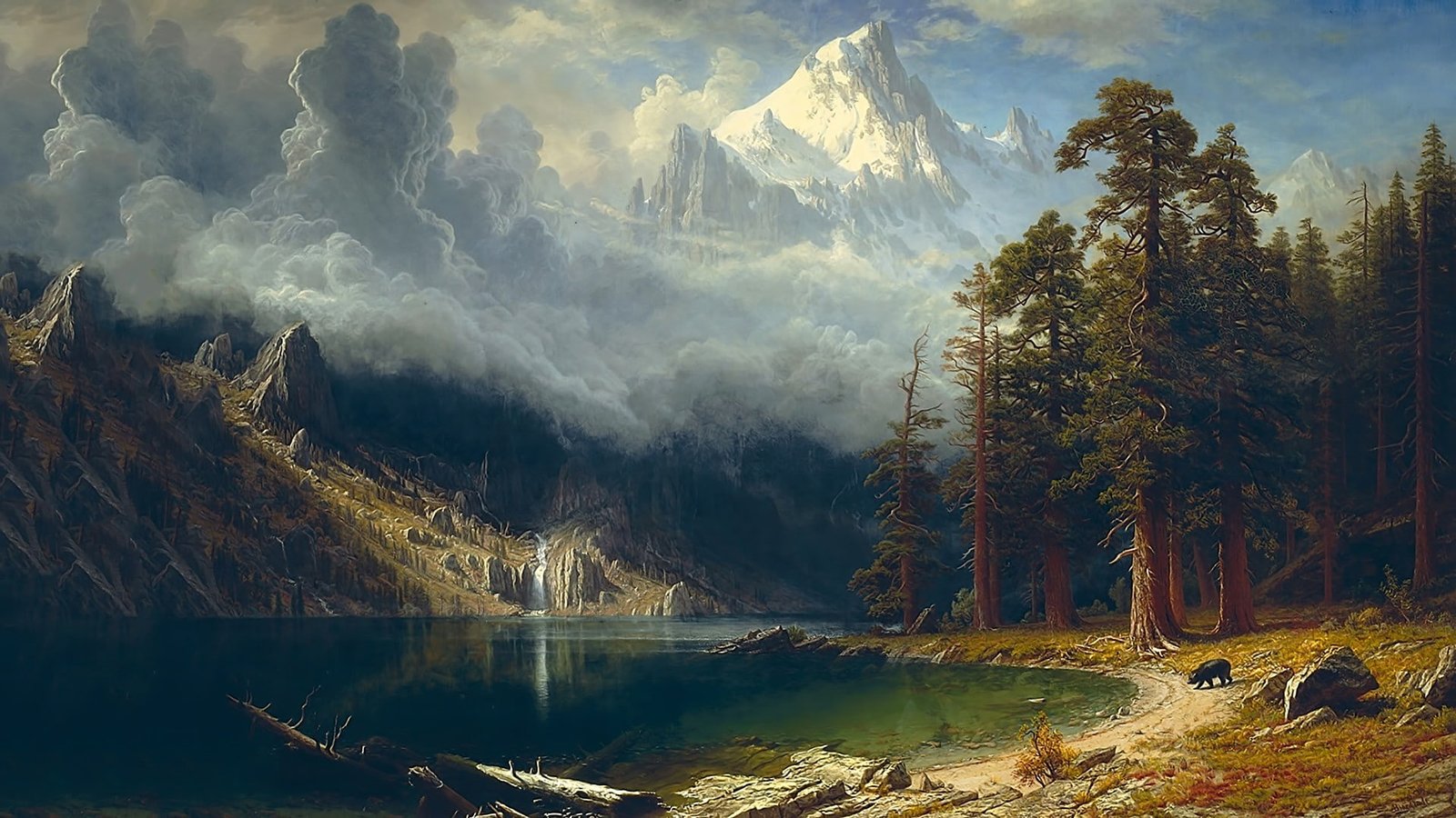 clouds bears snowy peak painting animals stone landscape 2k