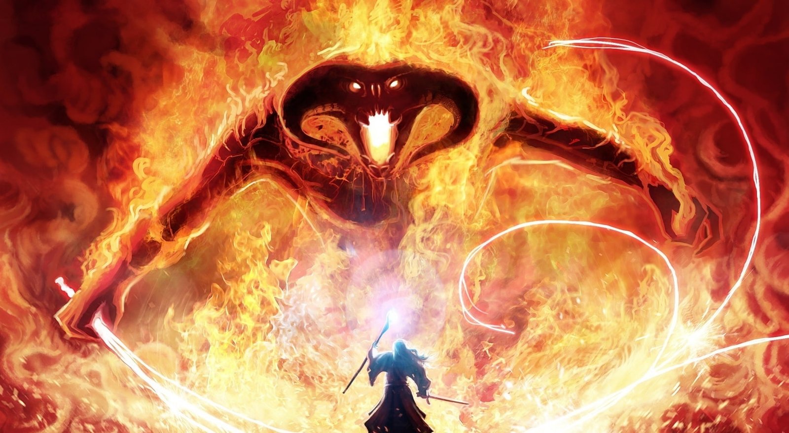 LOTR man with fire monster behind illustration Artistic Fantasy 2k