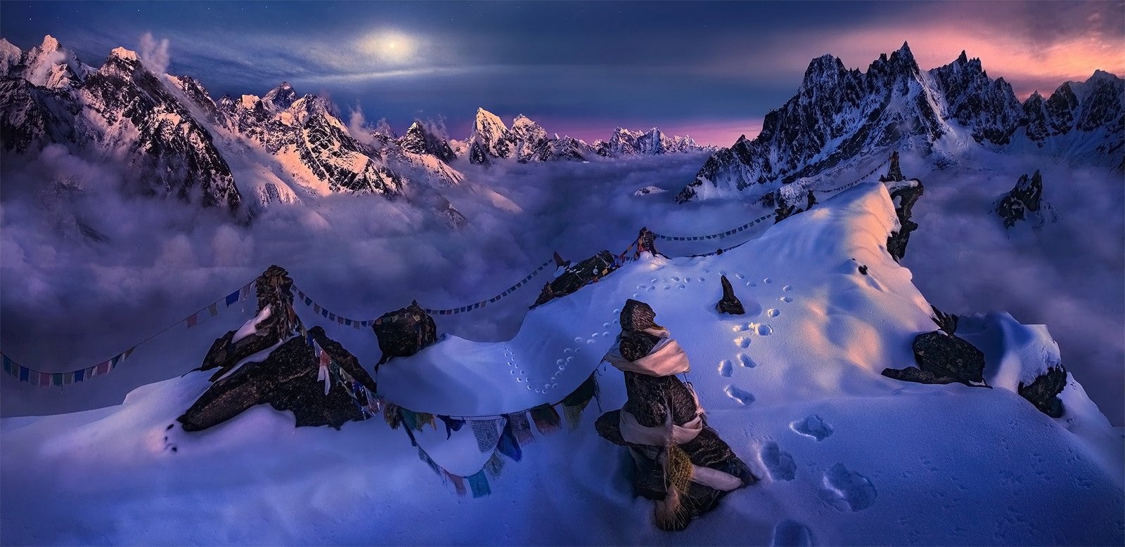nature landscape mountains snow summit moonlight sky 2k