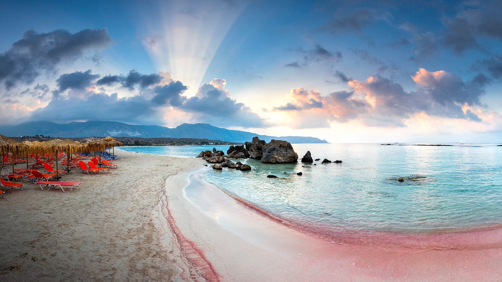 nature landscape trees clouds rocks Greece sun rays Elafonisi lagoon 2k