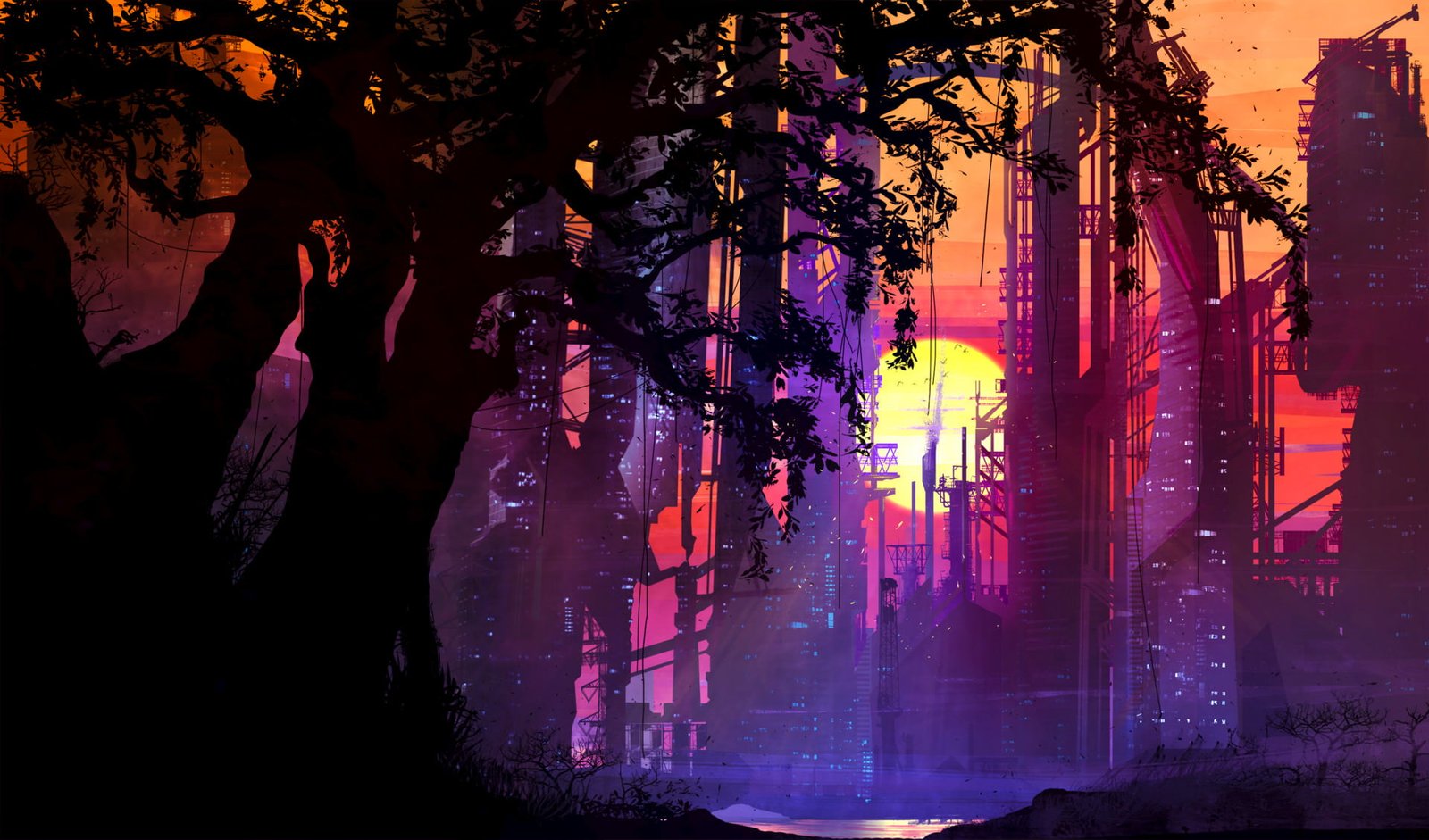 silhouette trees illustration cyberpunk science fiction neon 2k