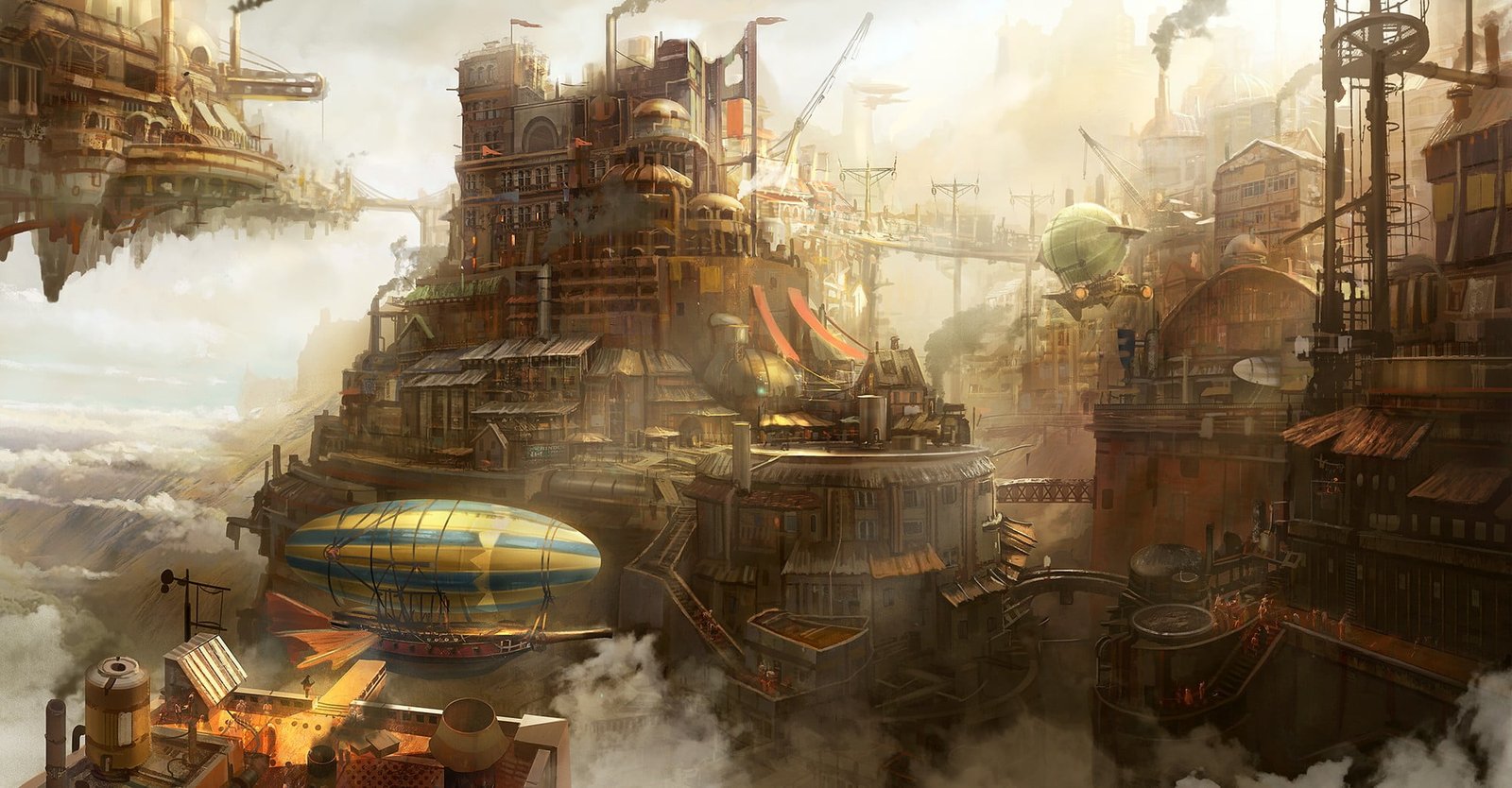 steampunk country digital wallpaper airships clouds art 2k