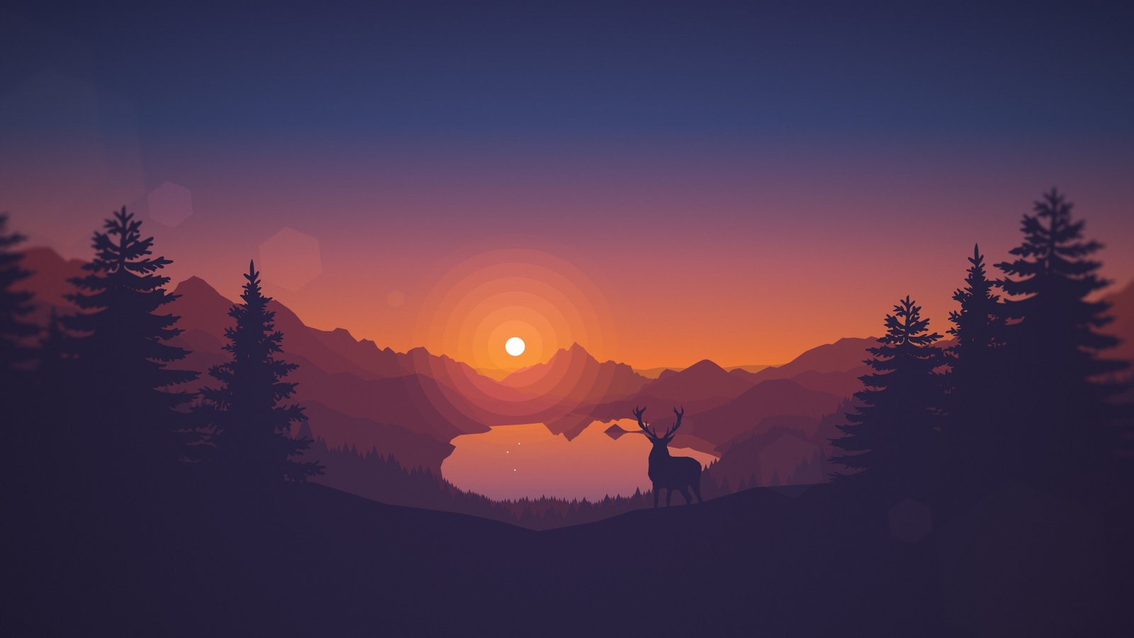 sunset drawing animals lake landscape deer artwork silhouette nature digital art trees pine hills clear sky vector warm colors firewatch video games 2k 4k