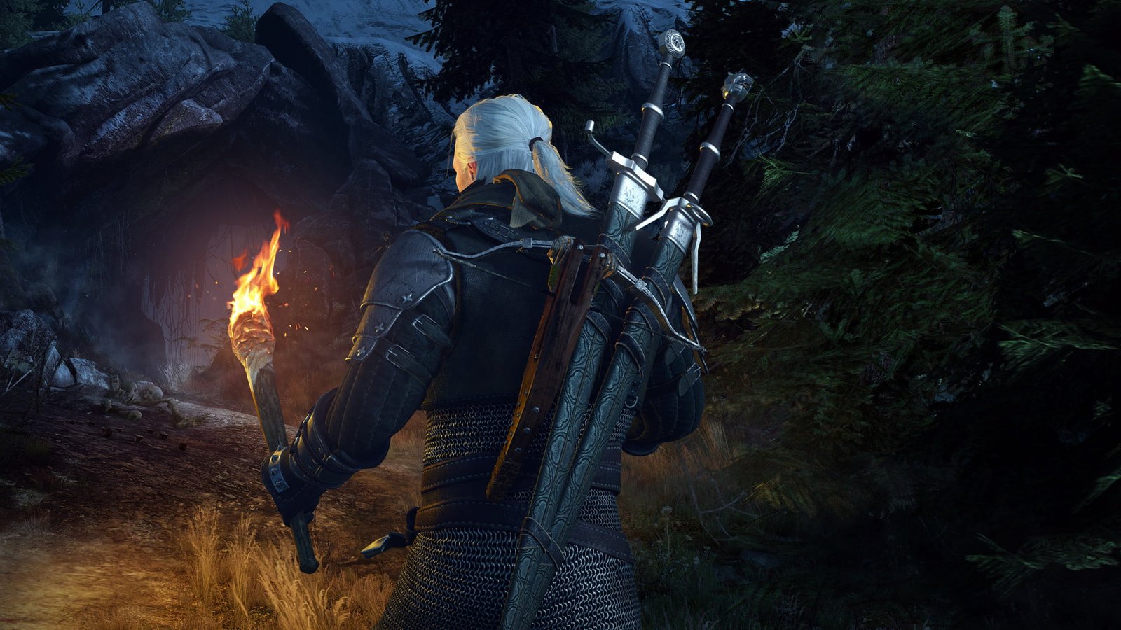 The Witcher wallpaper torch cave swords rpg Geralt crossbow 2k