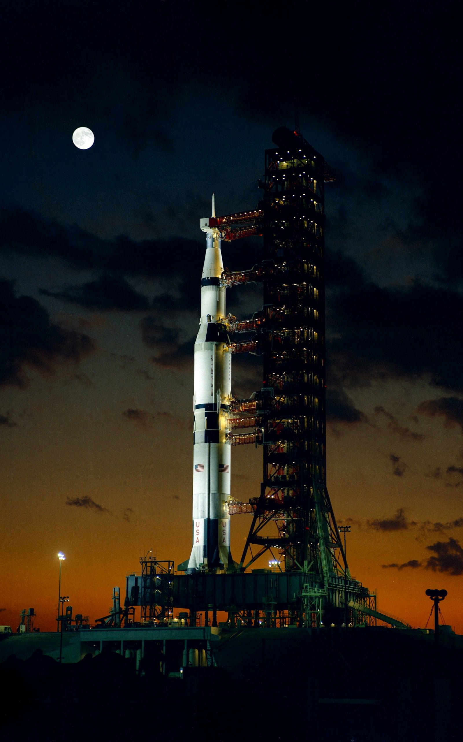 white and black space rocket ship Saturn V launch pads NASA 2k