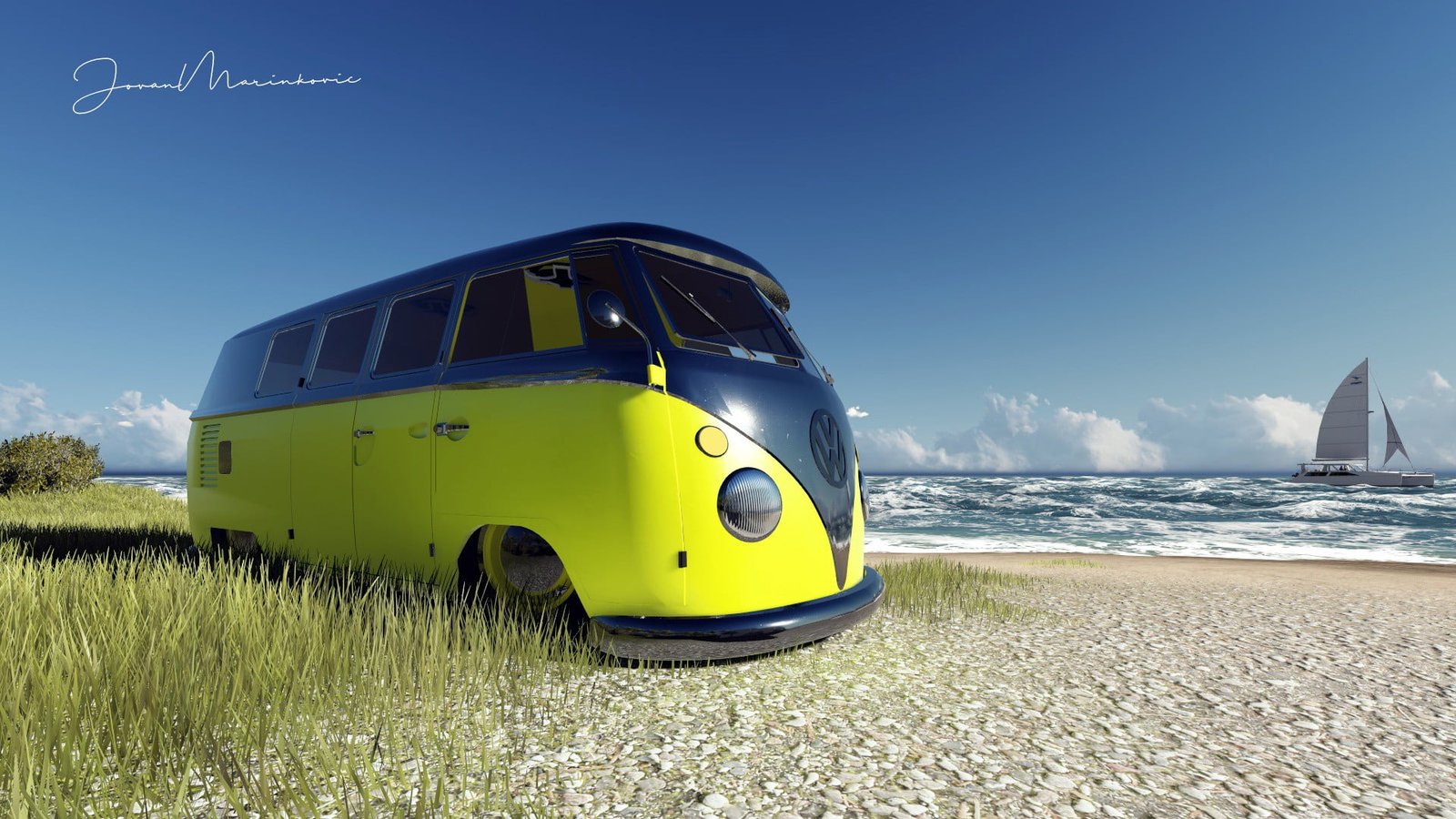 yellow and black Volkswagen bus beach VW Kombi car render 2k