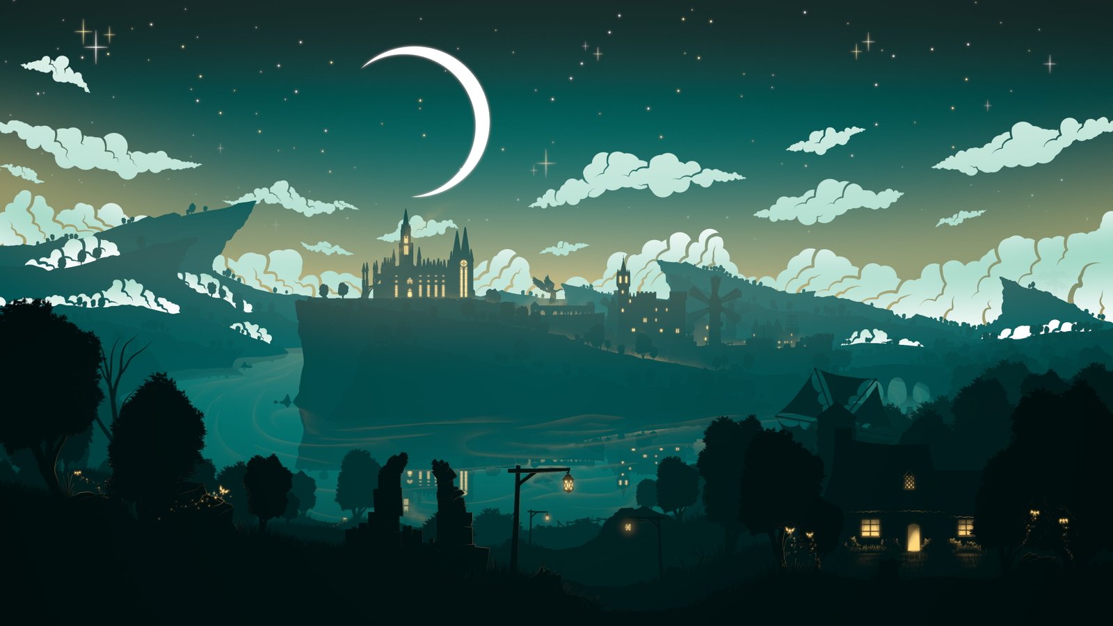 Genshin Impact landscape minimalism teal fantasy city 2k 4k