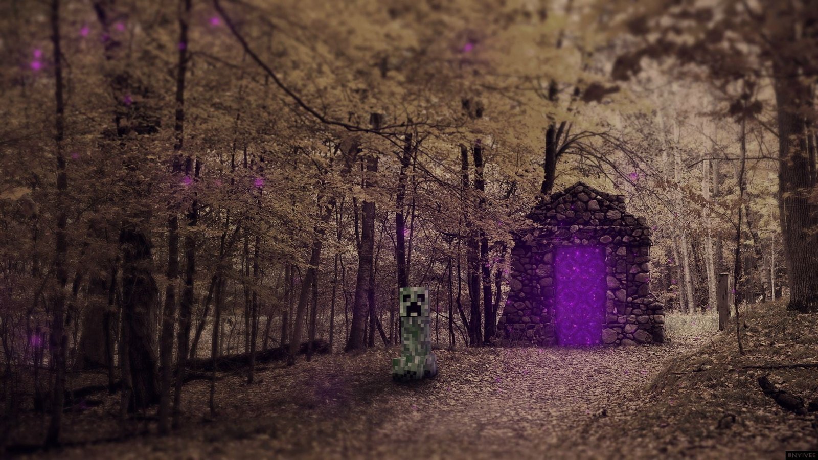 Minecraft Creeper and Portal wallpaper stone gateway with edited creeper on forest photo 2k